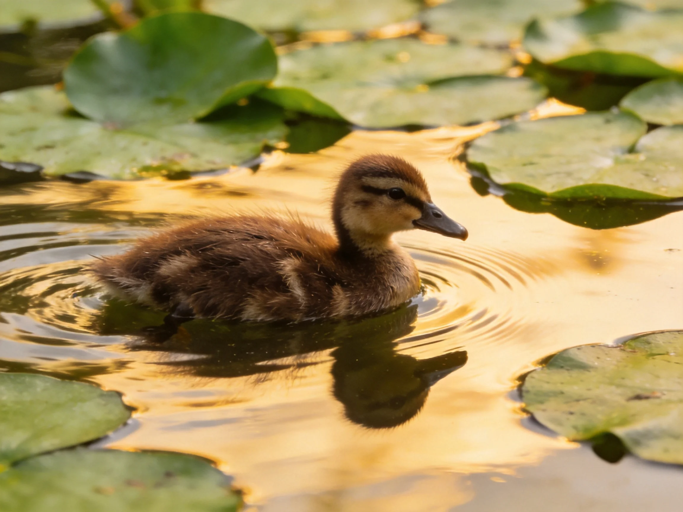 A brown duckling swims among green lily pads in golden water