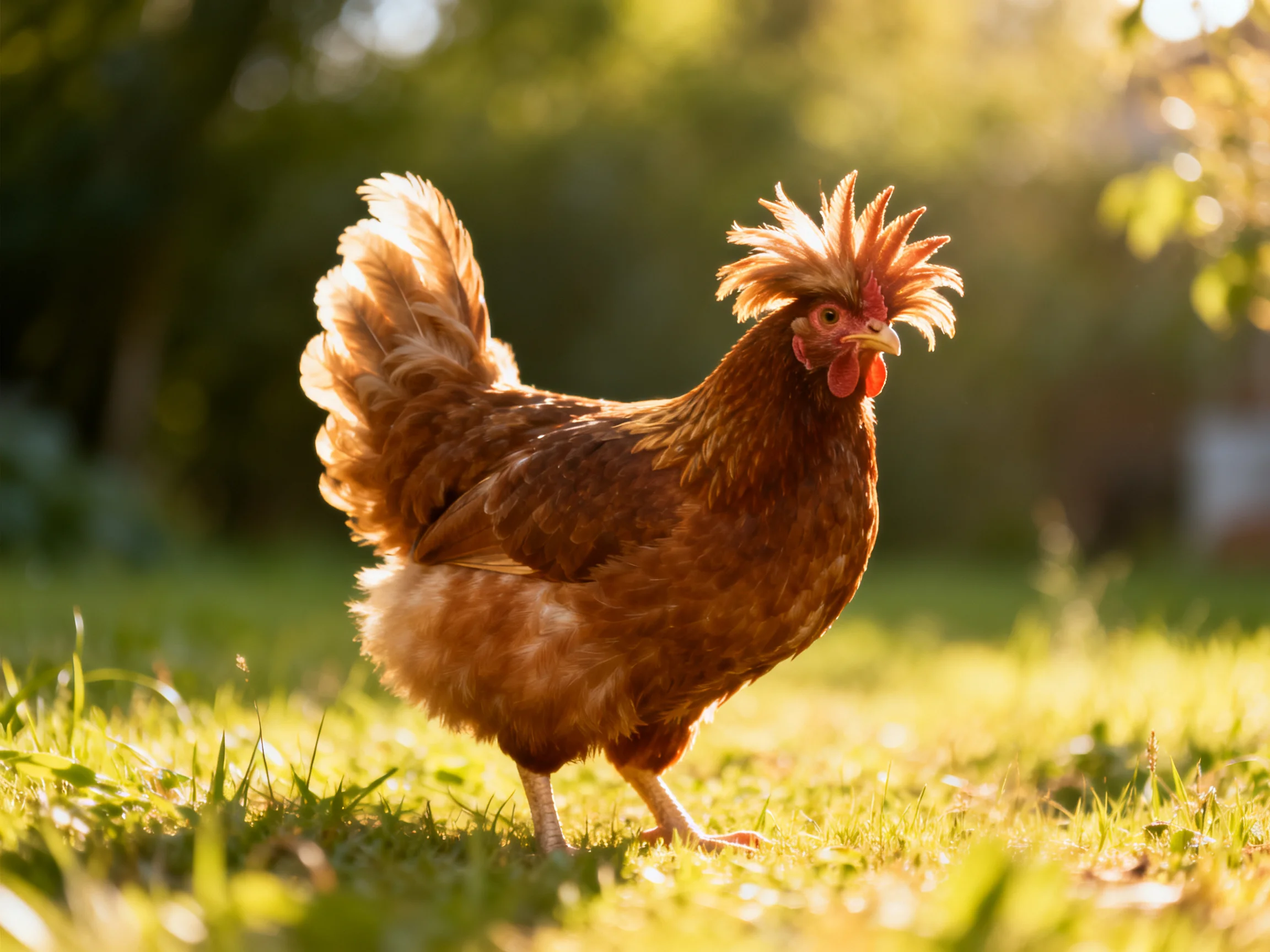A brown-feathered chicken with a spiky crest strolling on sunlit grass
