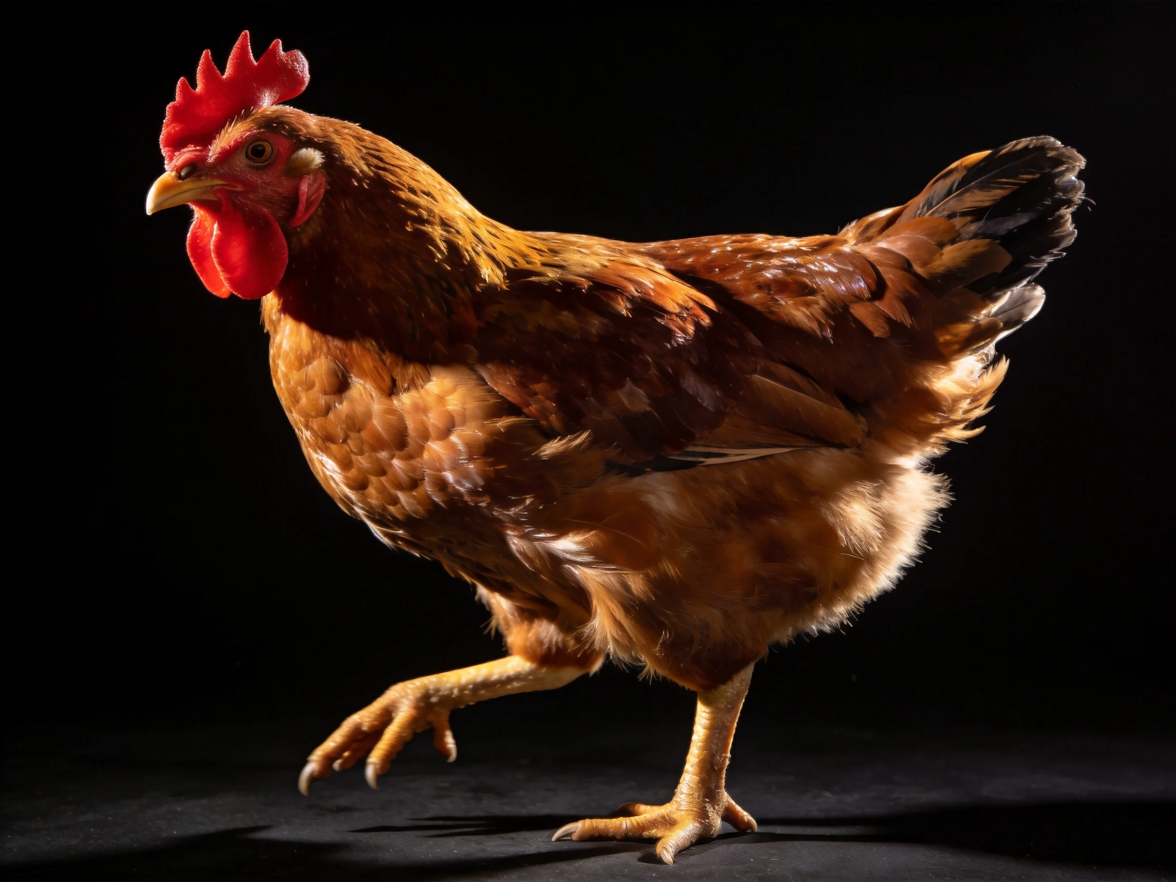 A brown-feathered chicken with red comb walking against a solid black backdrop