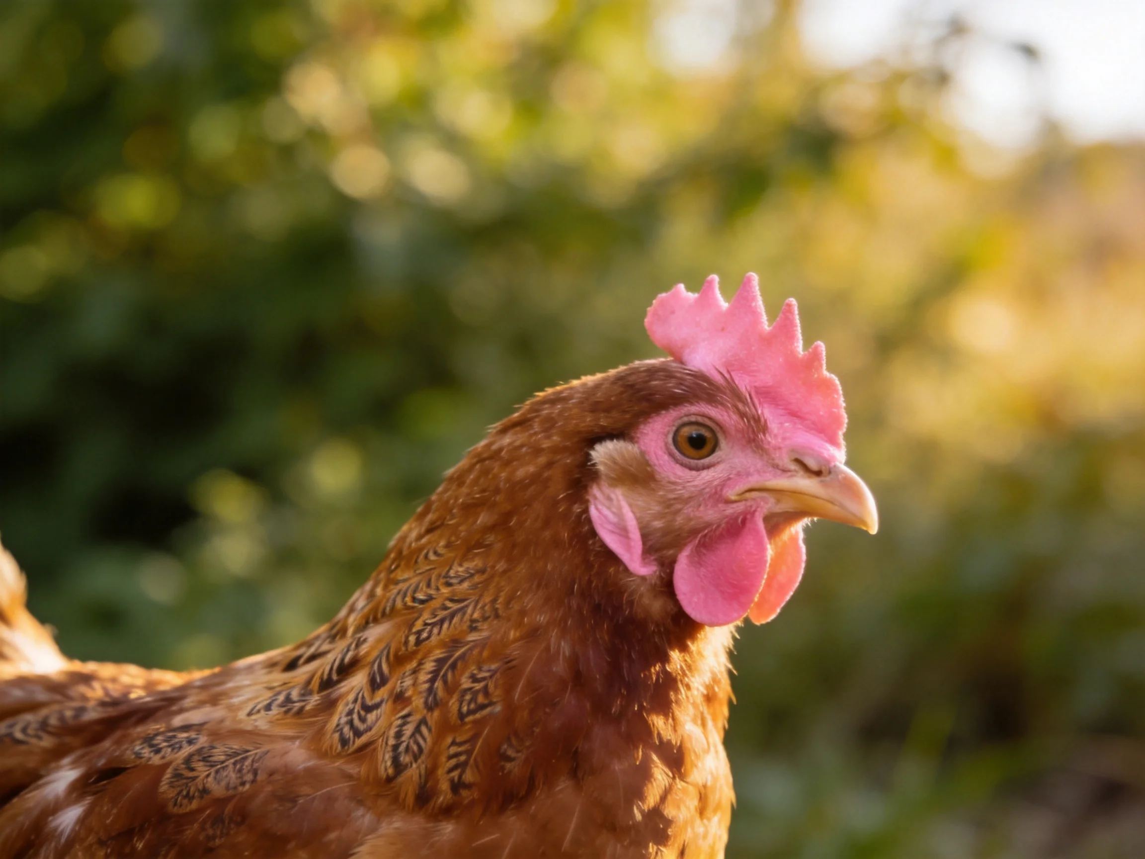 A brown-feathered chicken with pink facial features stands before blurred greenery.