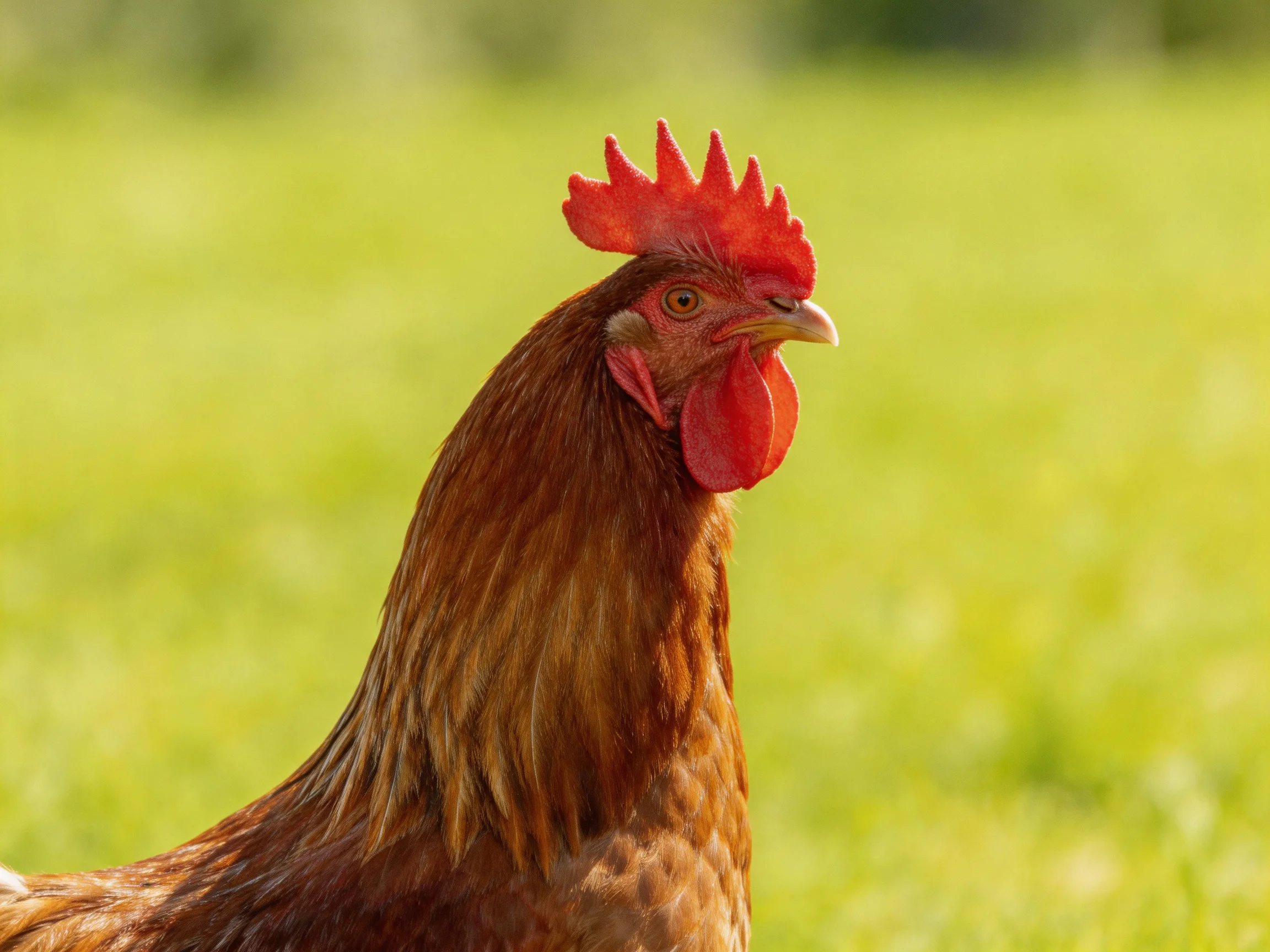 A brown-feathered chicken stands in a sunlit green field.