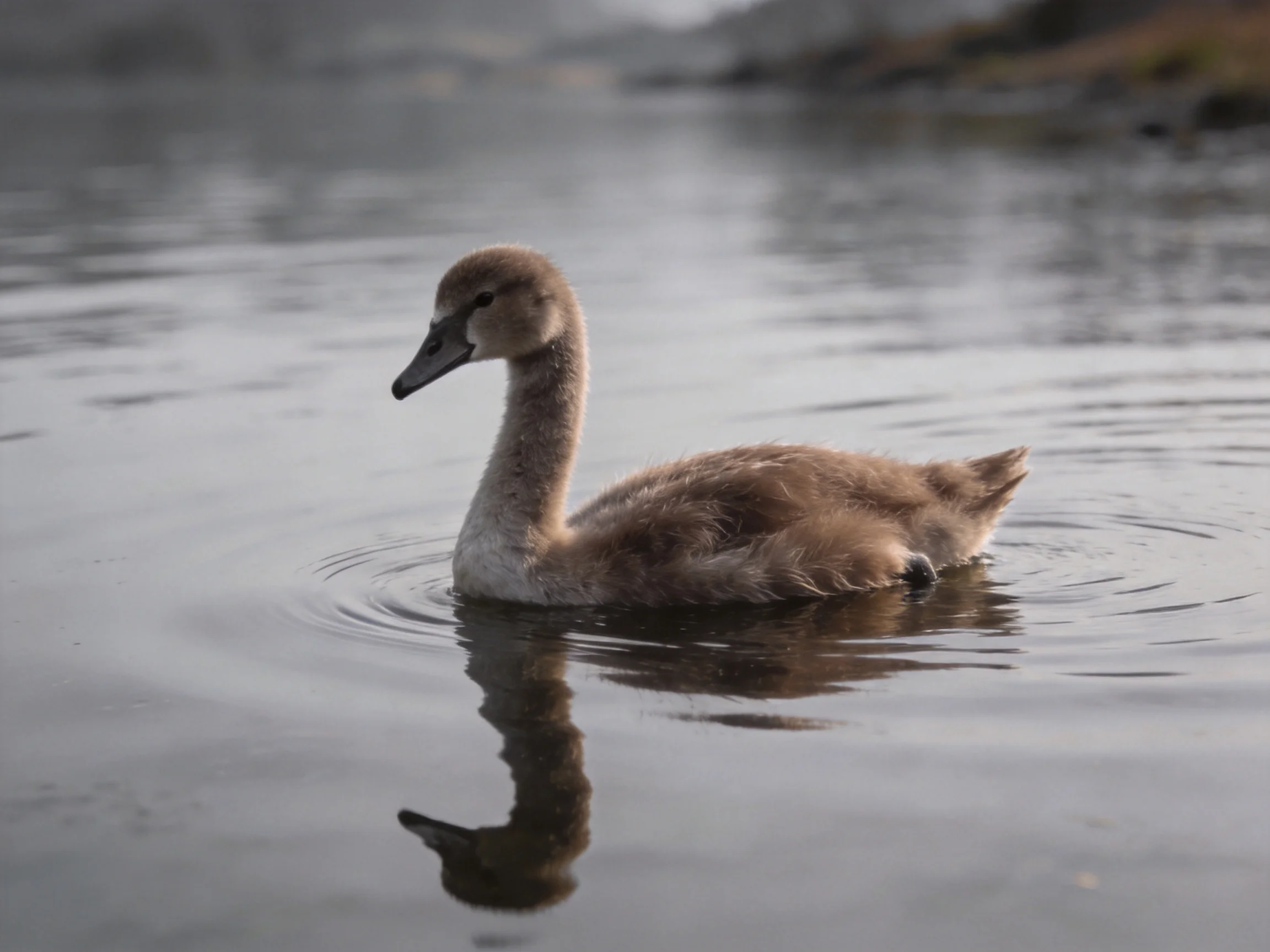 A brown-feathered cygnet swims serenely in misty waters