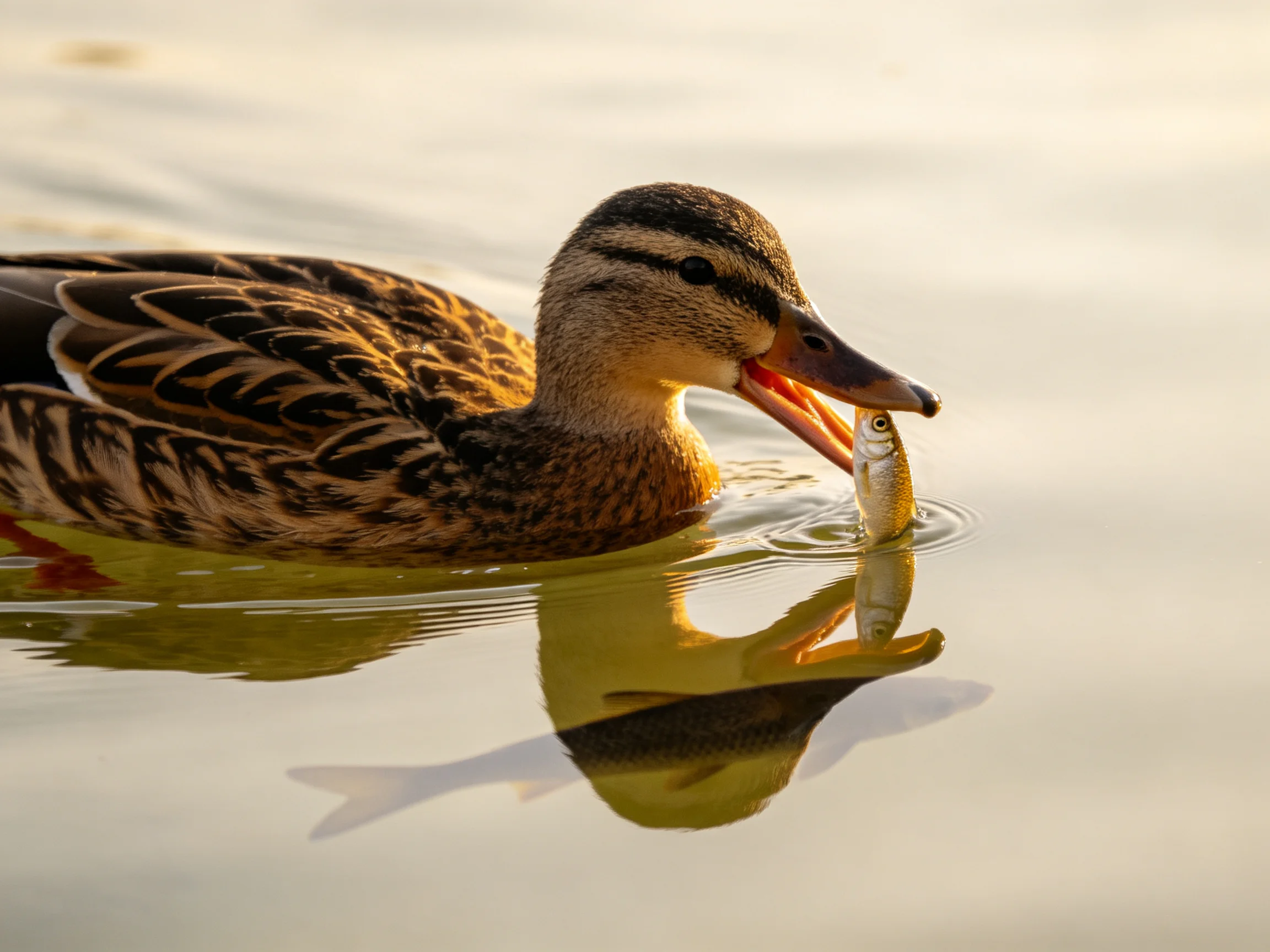 A brown-feathered duck catches a small silver fish in calm water