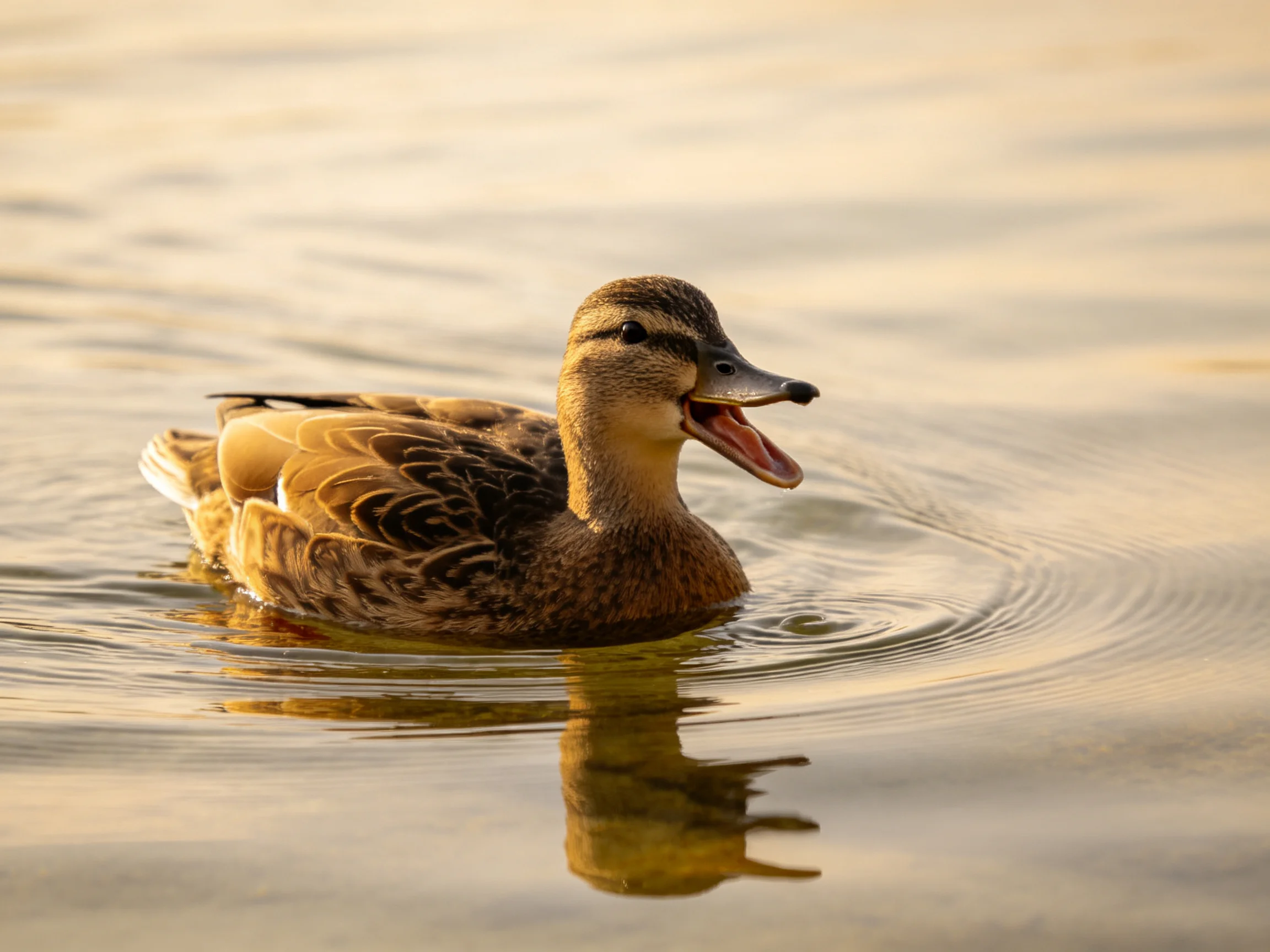 A brown-feathered duck glides through serene, golden-tinted water