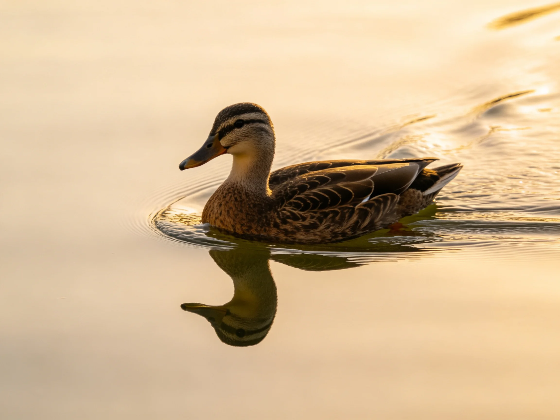 A brown-feathered duck gliding on calm water with golden reflections