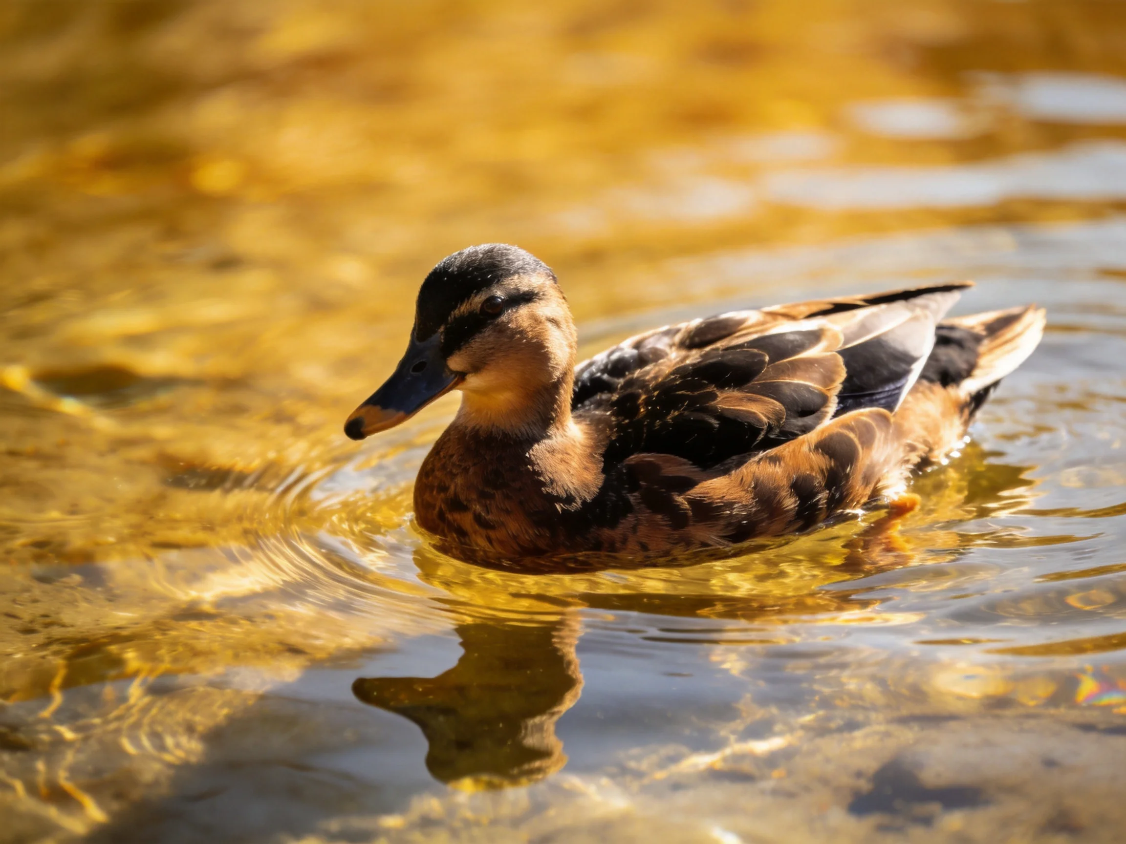 A brown-feathered duck gliding through golden-hued, clear water