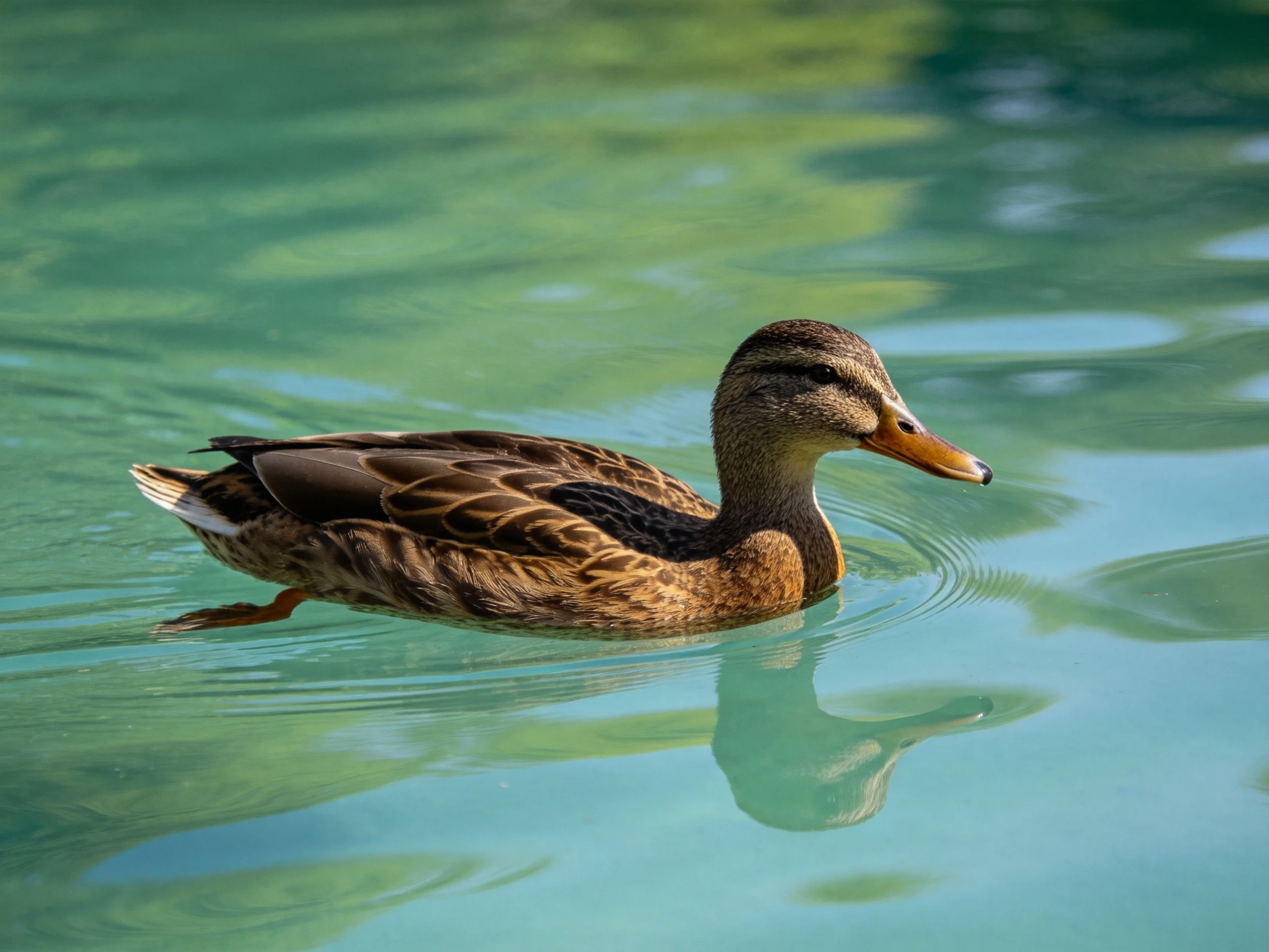A brown-feathered duck gliding through turquoise calm water