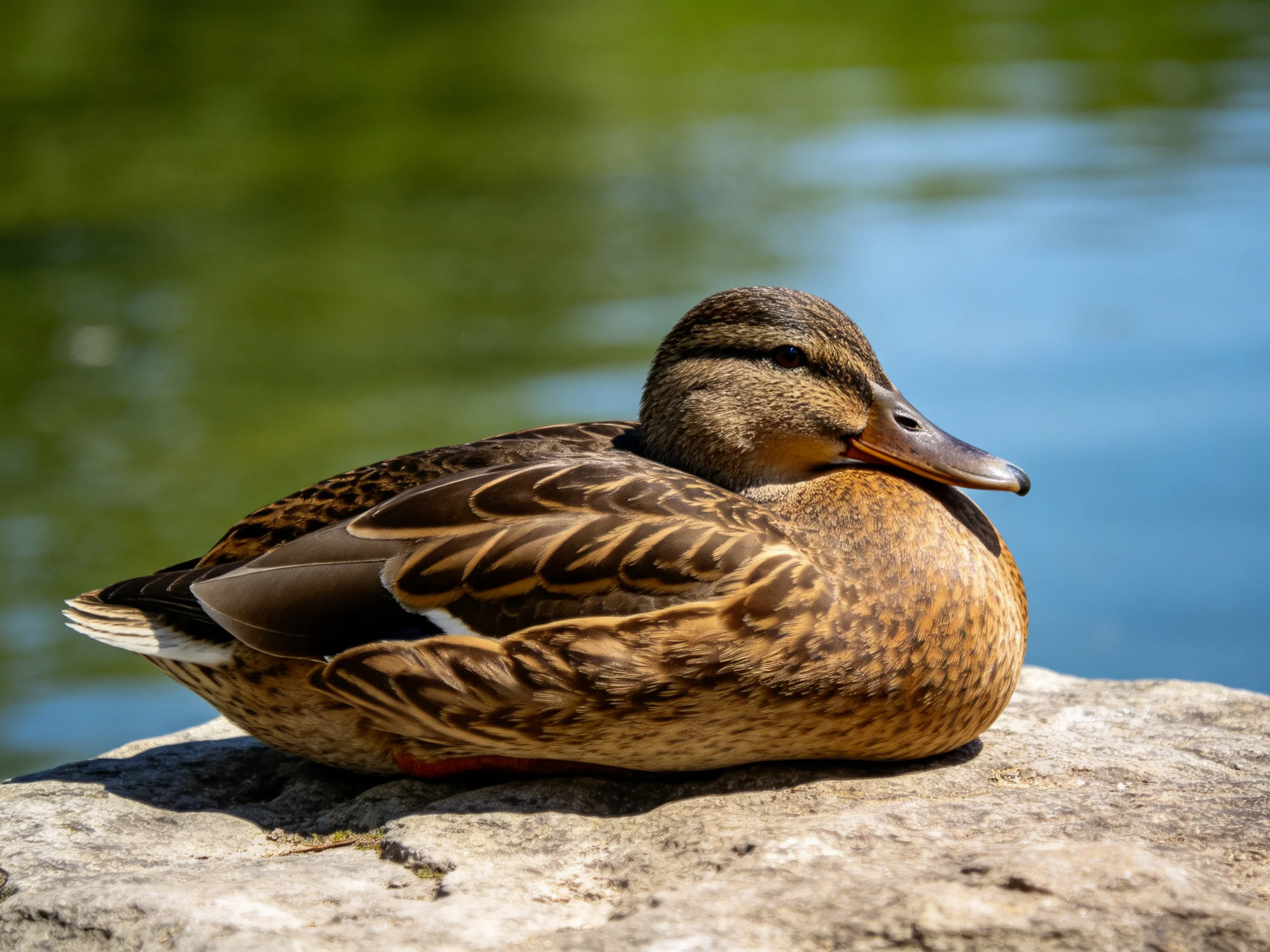 A brown-feathered duck rests on a gray stone by calm blue-green water