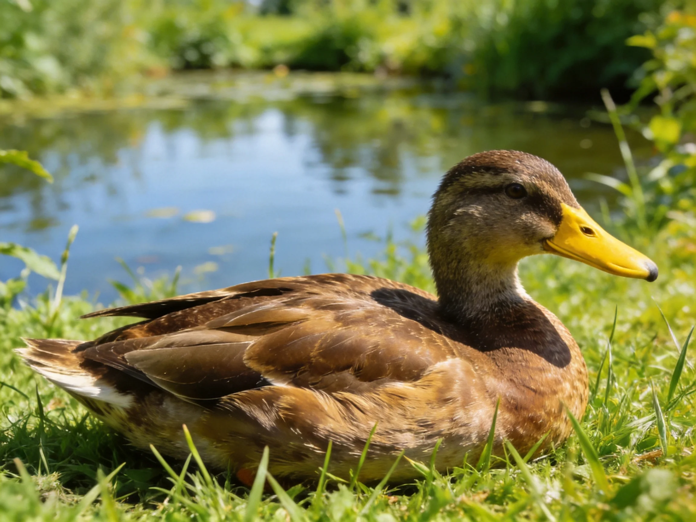 A brown-feathered duck rests on lush green grass beside a calm blue pond