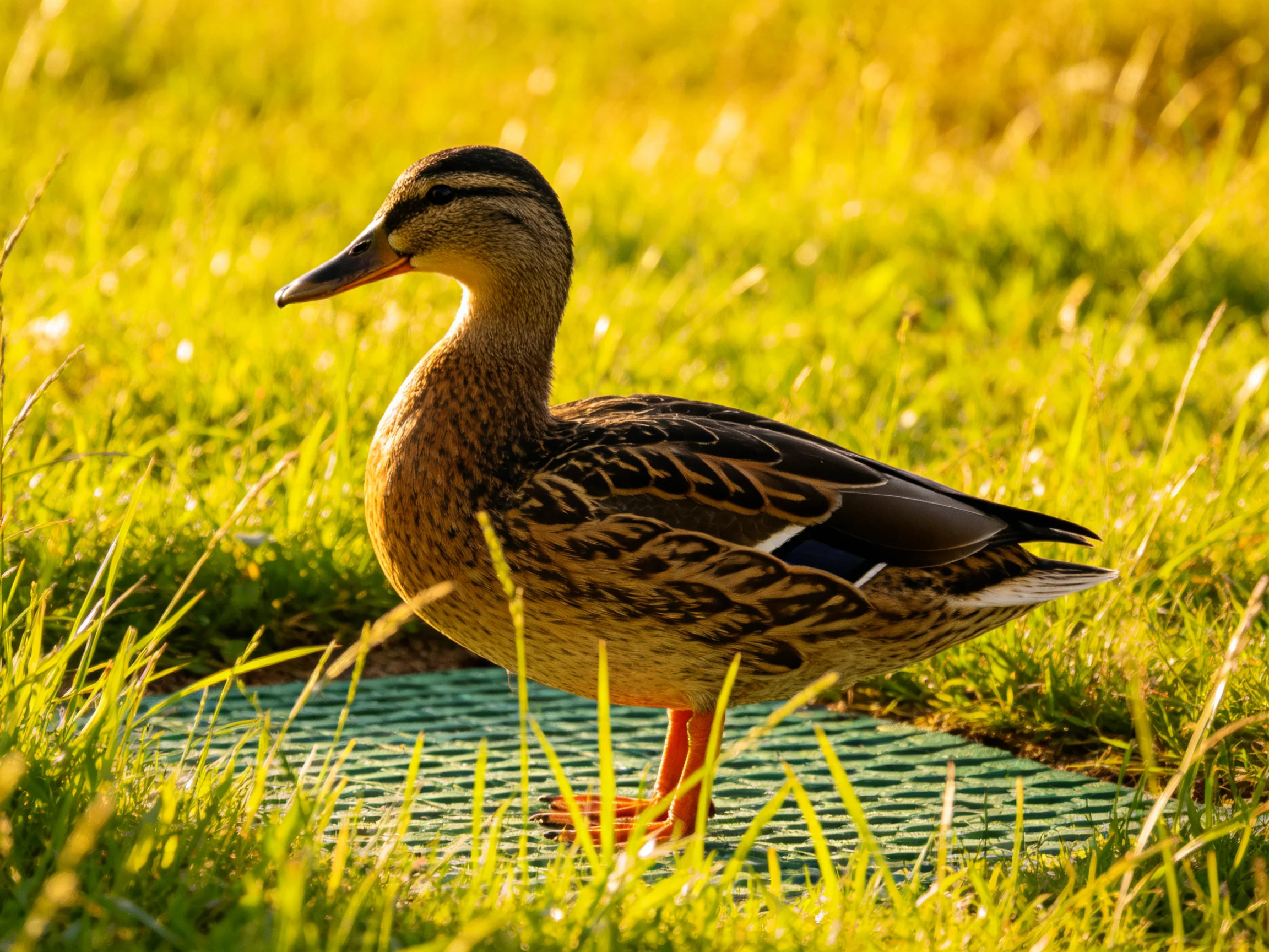 A brown-feathered duck stands on a green mat amid tall golden grass