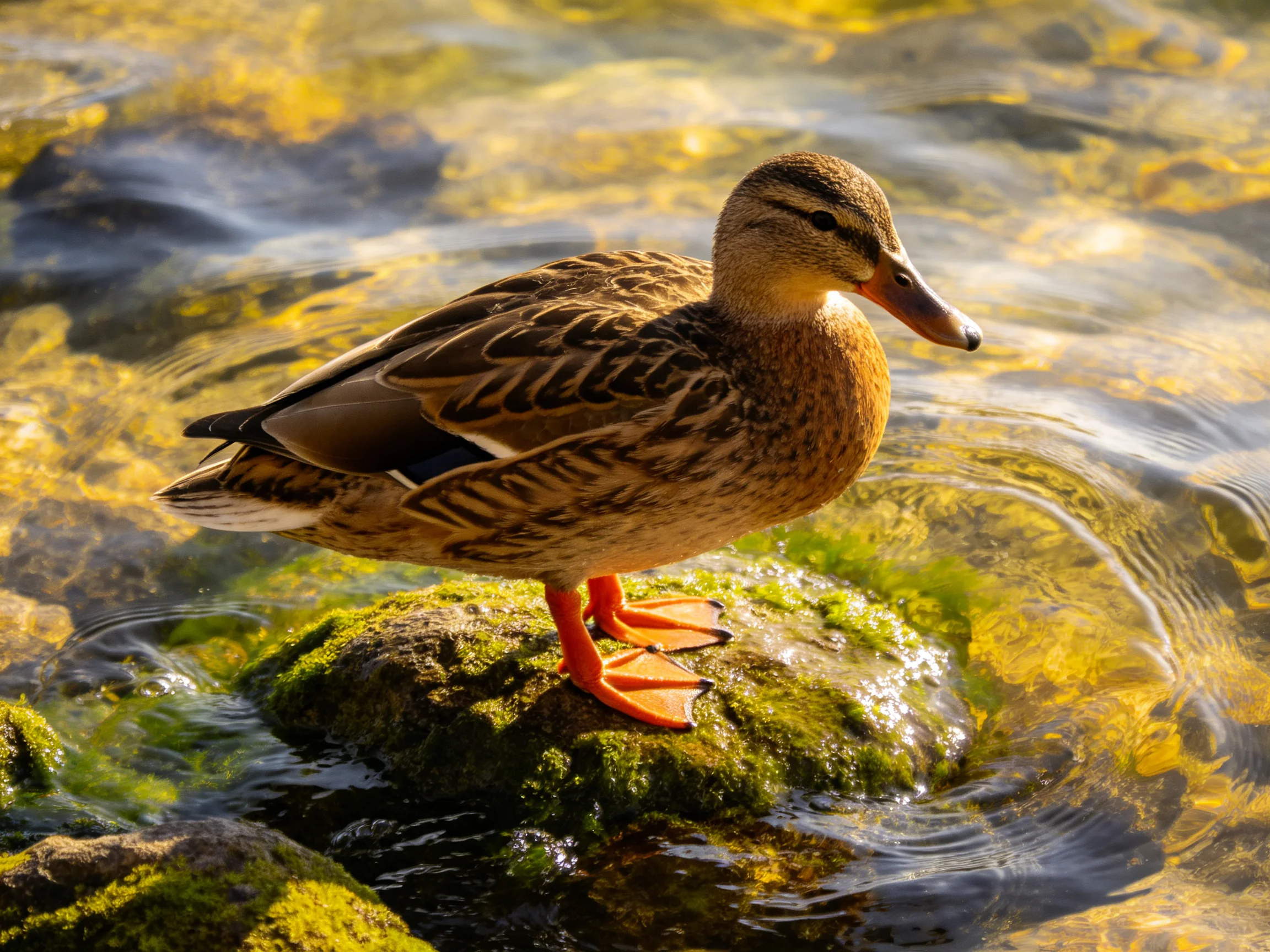 A brown-feathered duck stands on a moss-covered rock amid clear, golden-hued water
