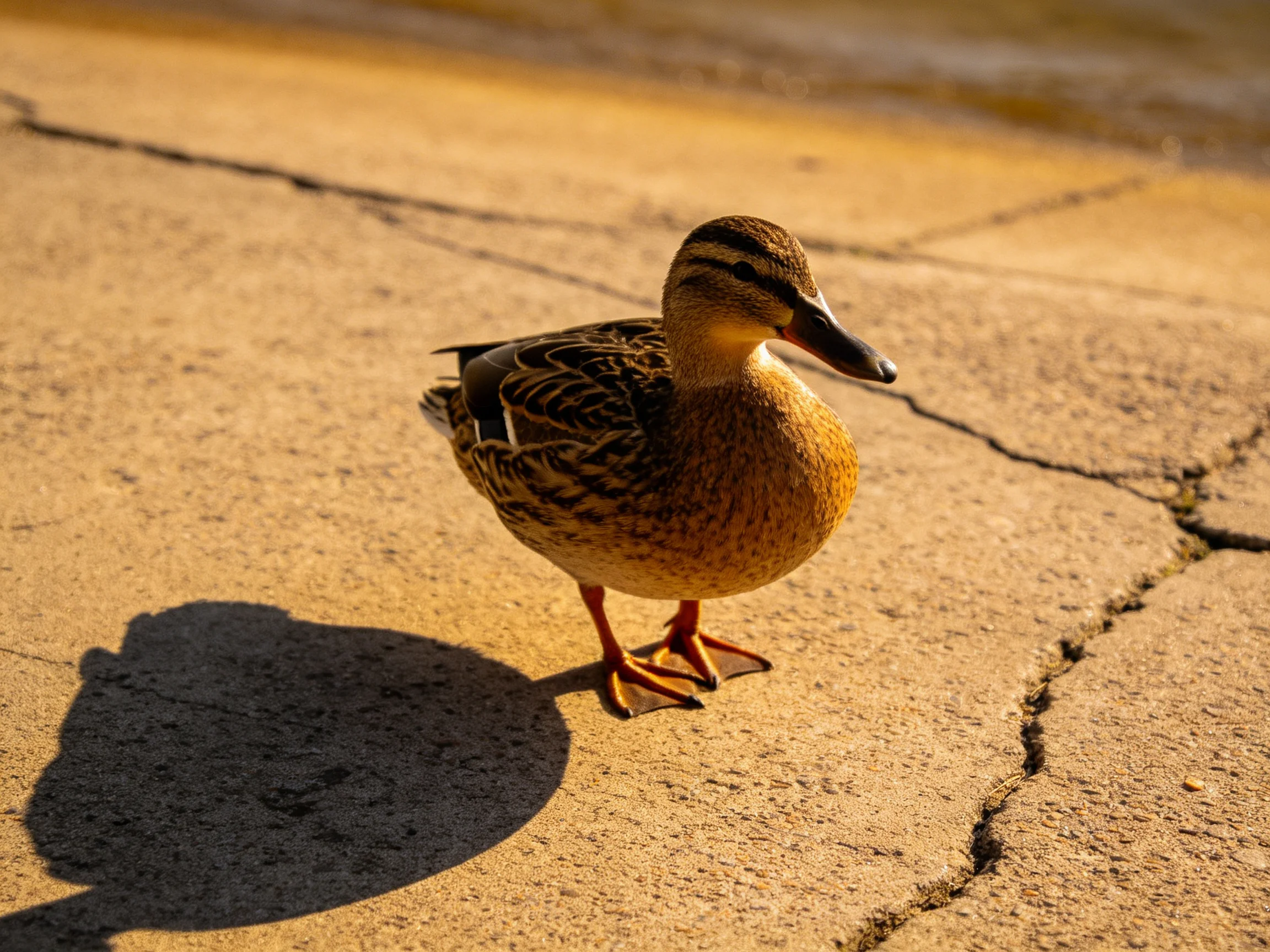A brown-feathered duck stands on cracked pavement near a shoreline
