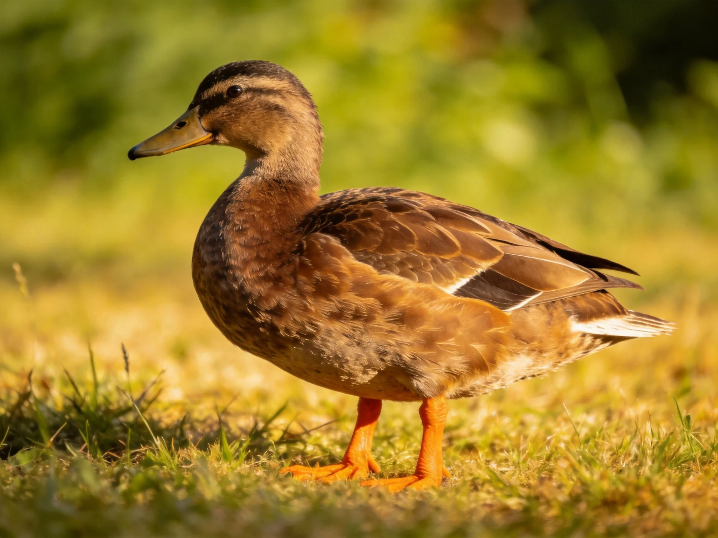 A brown-feathered duck stands on golden grass in a sunlit outdoor setting.