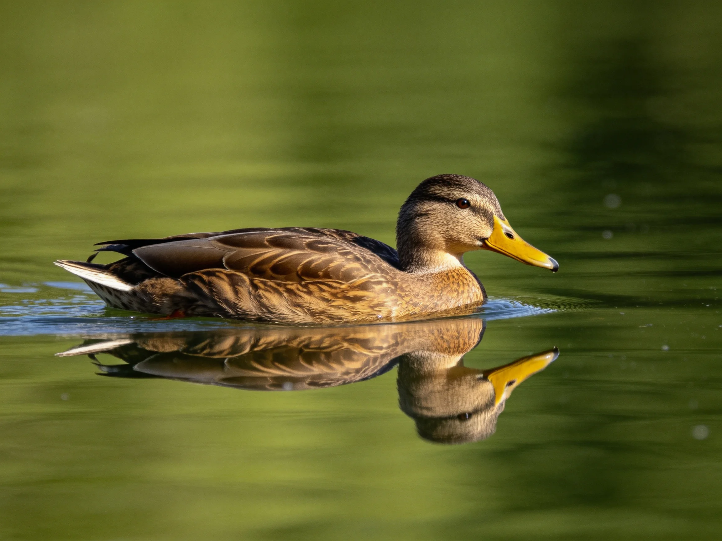 A brown-feathered duck swims in calm green water with a clear reflection