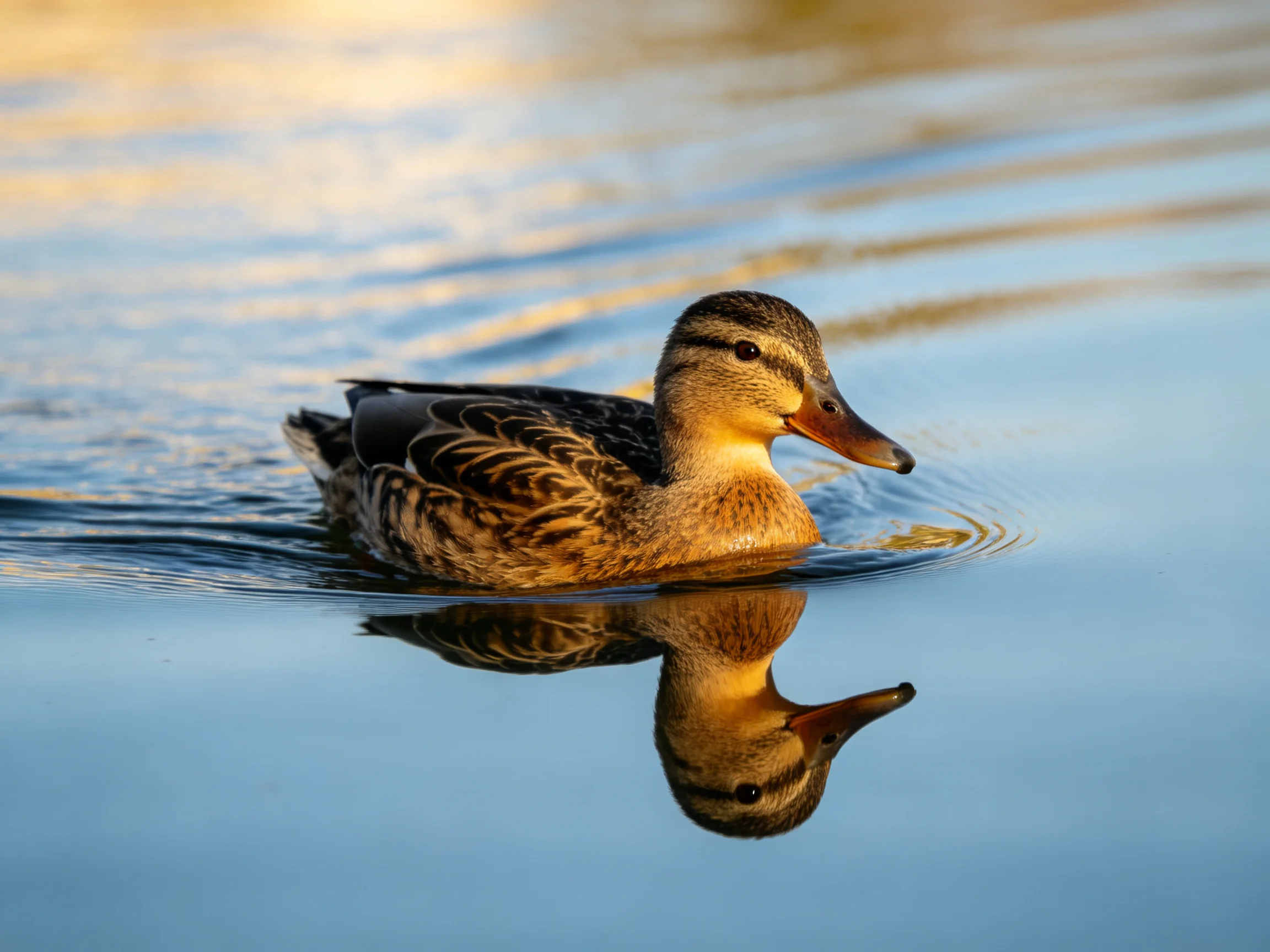A brown-feathered duck swims in calm water with a clear reflection
