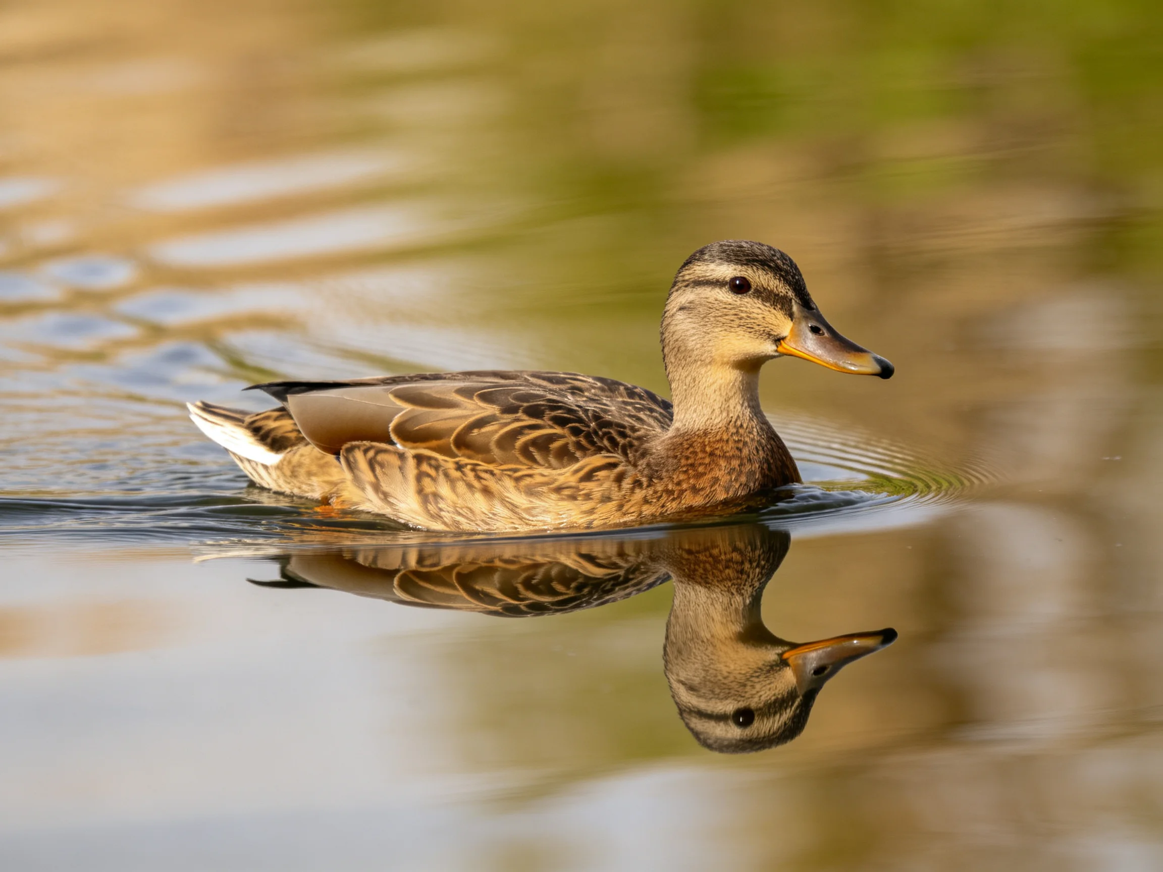 A brown-feathered duck swims in calm water with a clear reflection