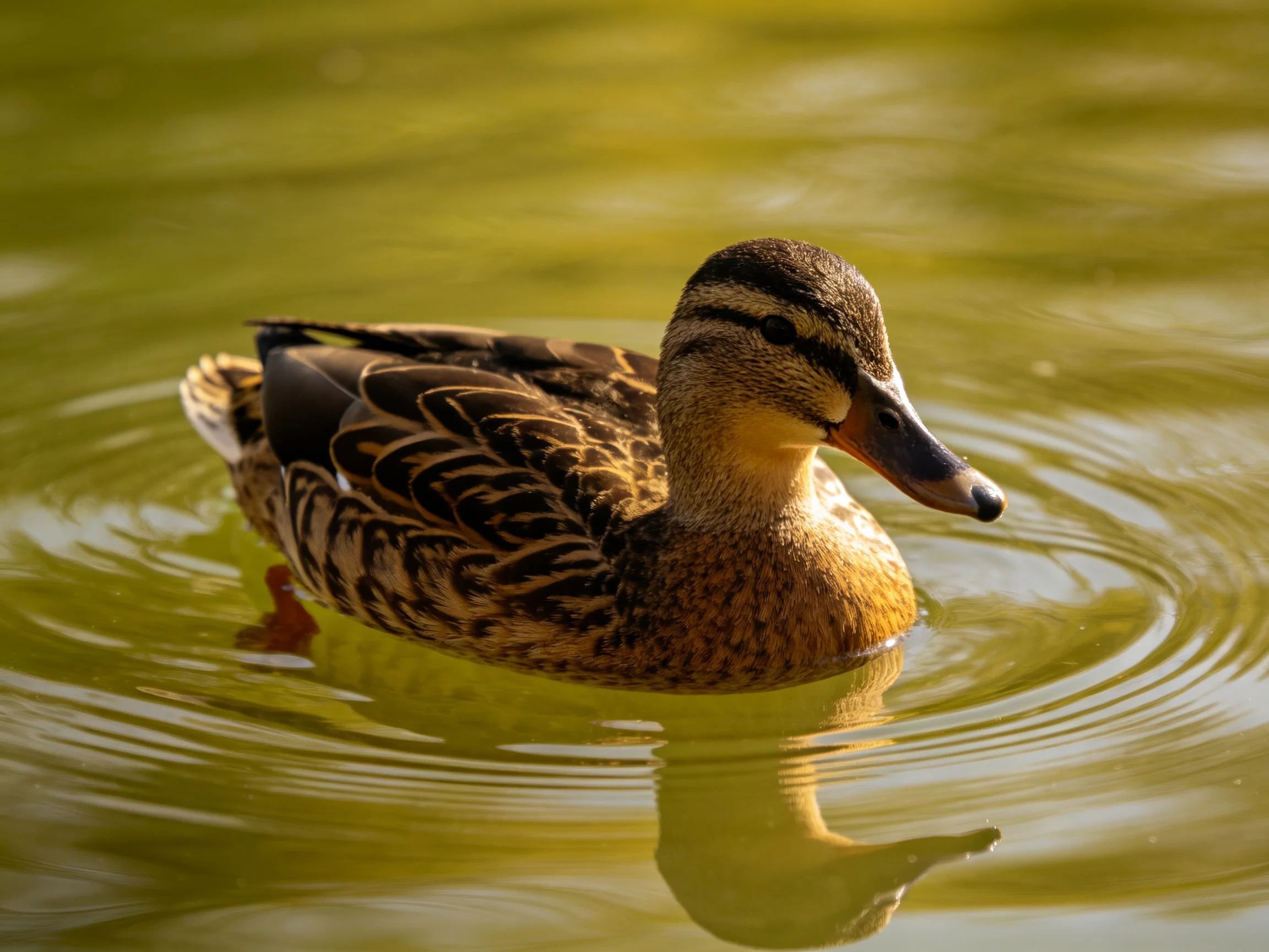 A brown-feathered duck swims in golden-green water