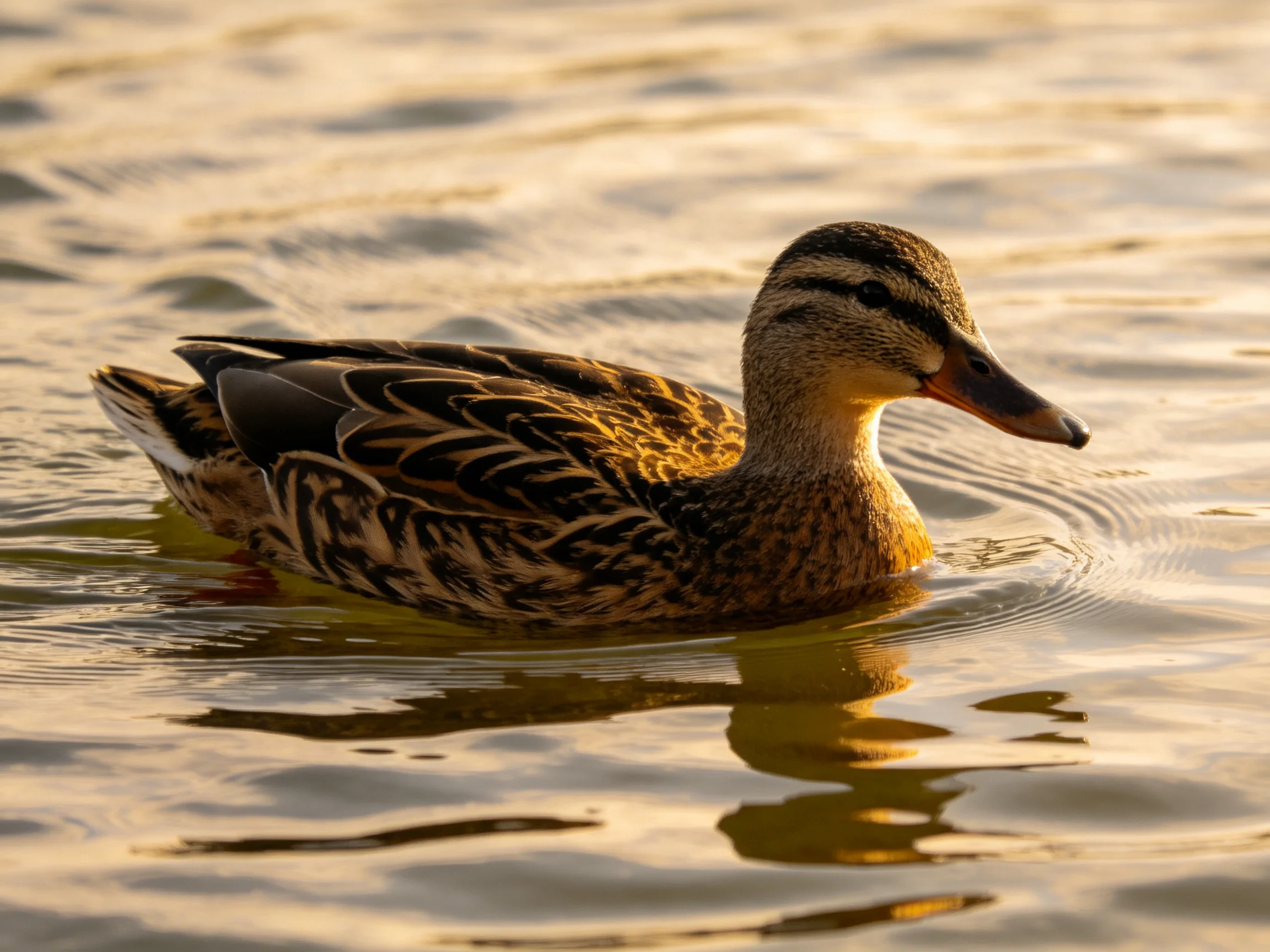 A brown-feathered duck swims in golden-hued water with an orange beak