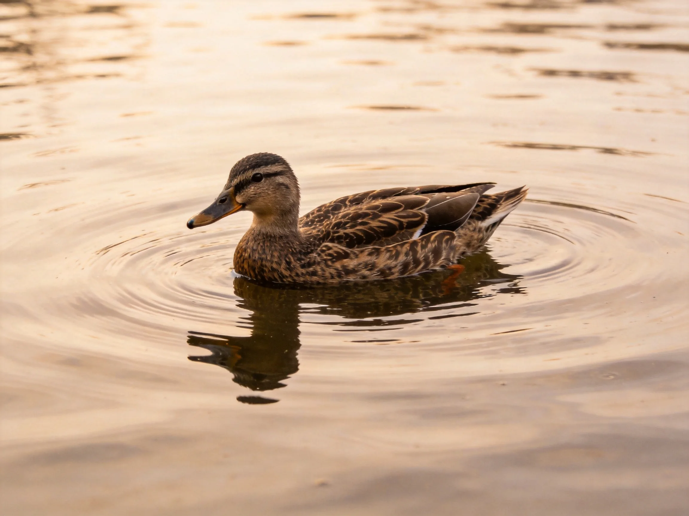 A brown-feathered duck swims in golden-toned rippled water