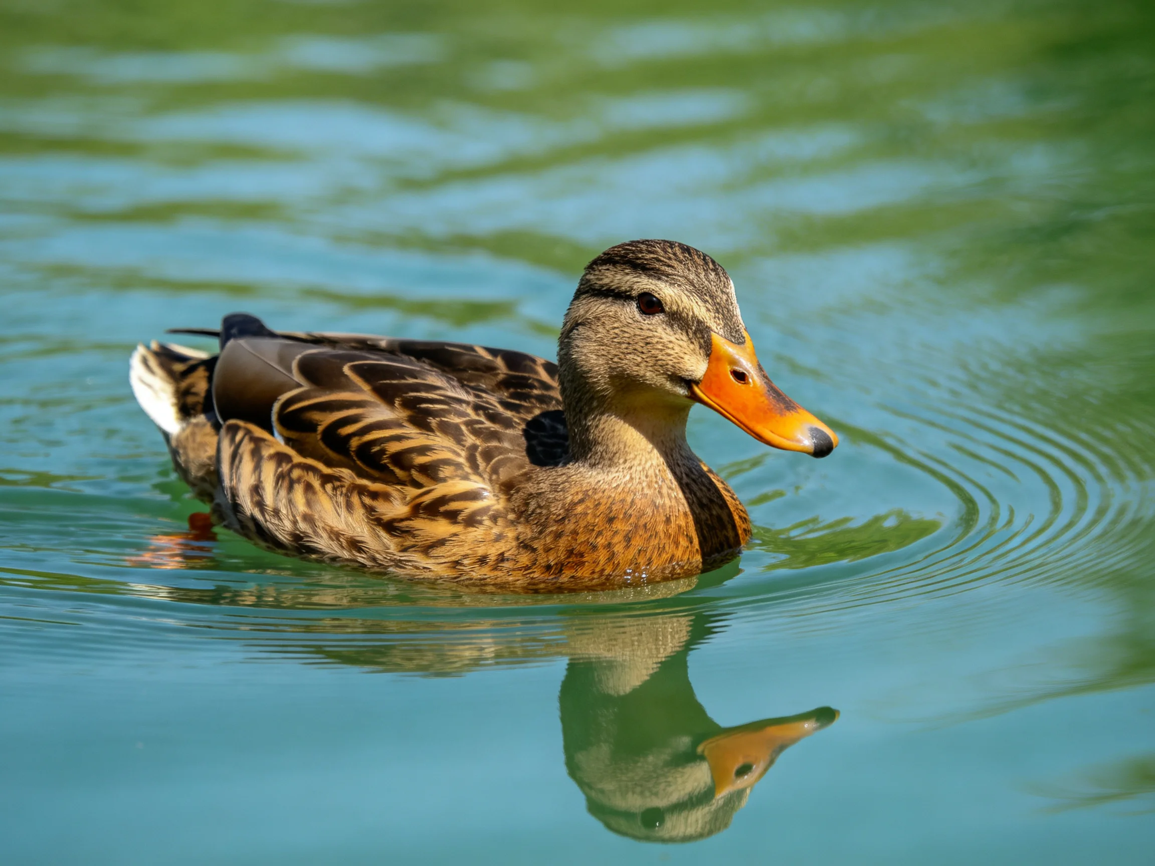 A brown-feathered duck with an orange beak swims in clear green water