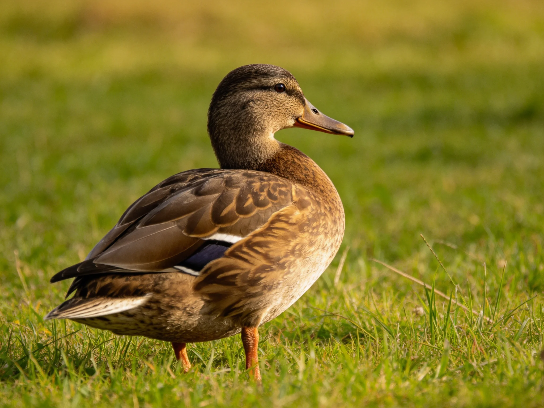 A brown-feathered duck with blue wing patches stands on green grass