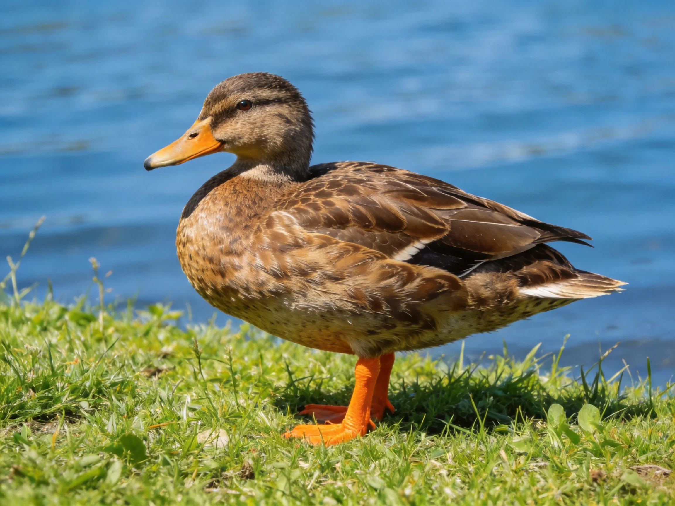 A brown-feathered duck with bright orange beak and feet near blue water