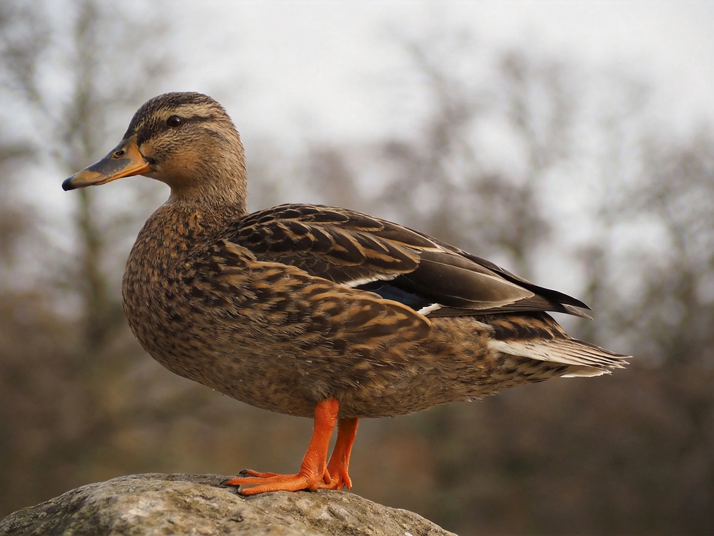 A brown-feathered duck with bright orange legs perched on a rock