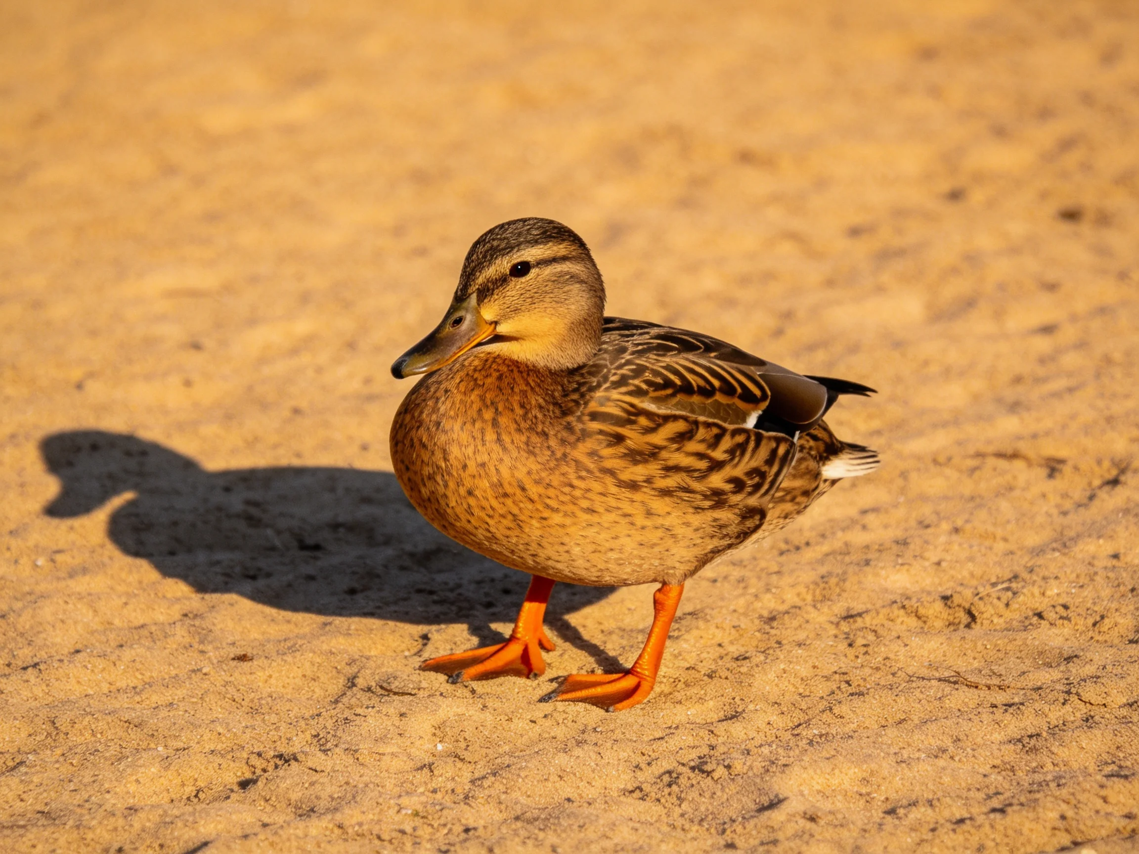 A brown-feathered duck with bright orange legs stands on golden sand