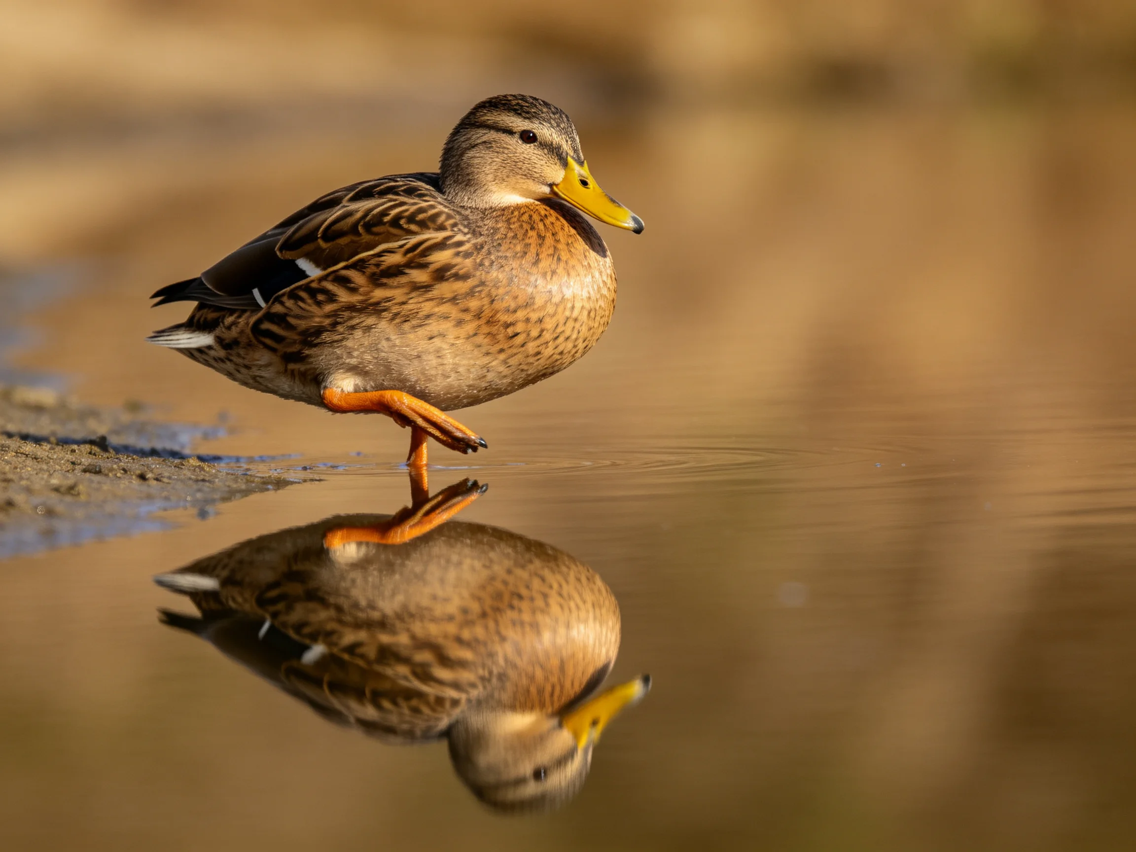A brown-feathered duck with orange feet and yellow beak reflects in calm water