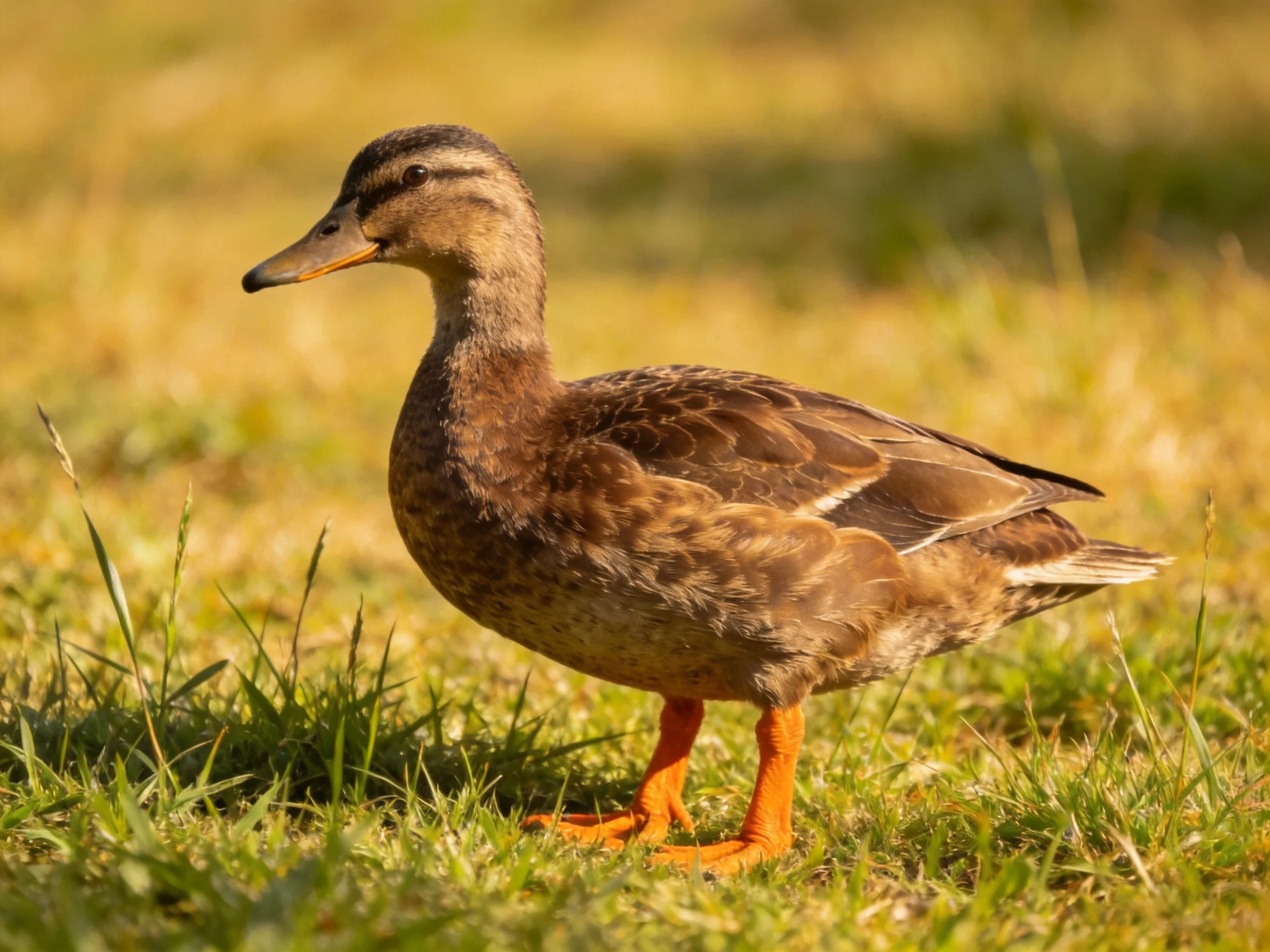 A brown-feathered duck with orange legs on grassy terrain