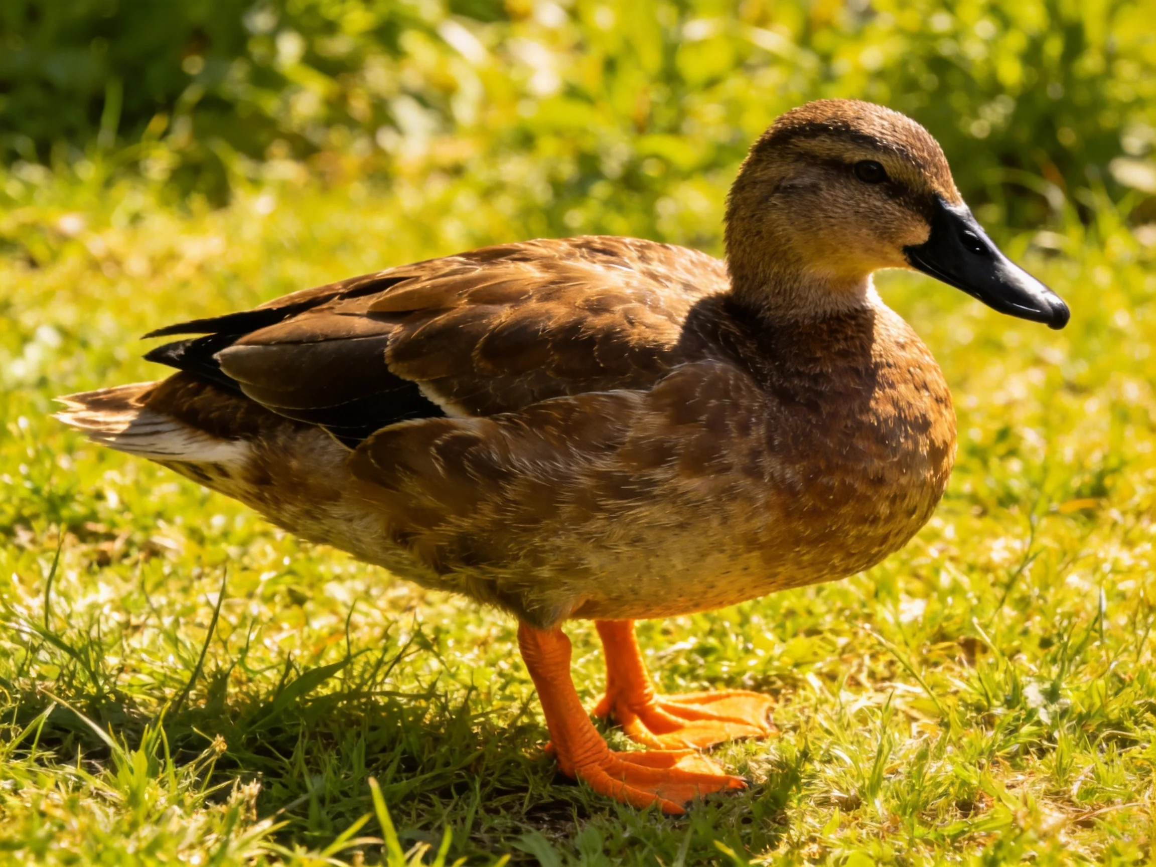 A brown-feathered duck with orange legs on green grass