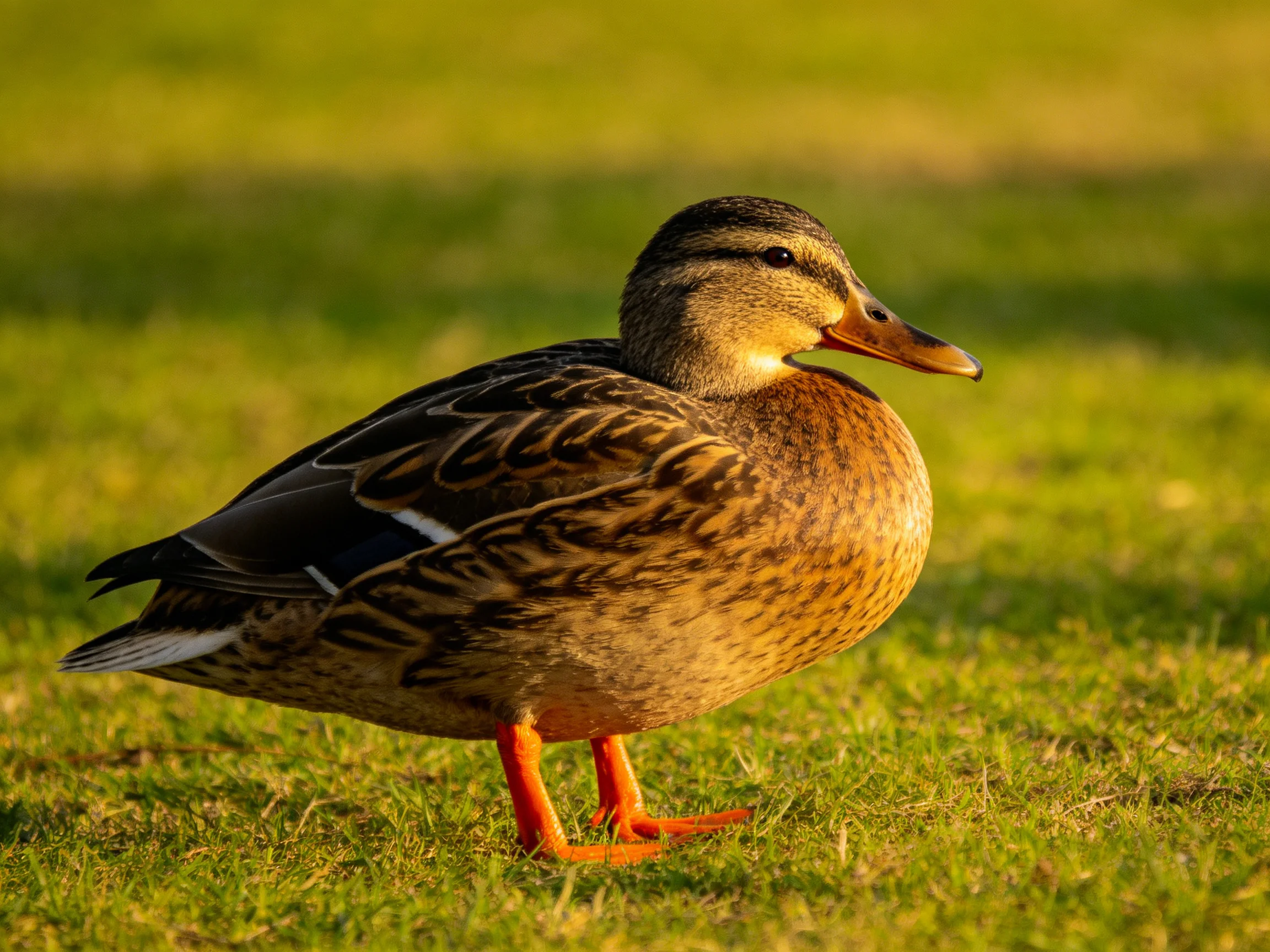 A brown-feathered duck with orange legs stands on lush green grass