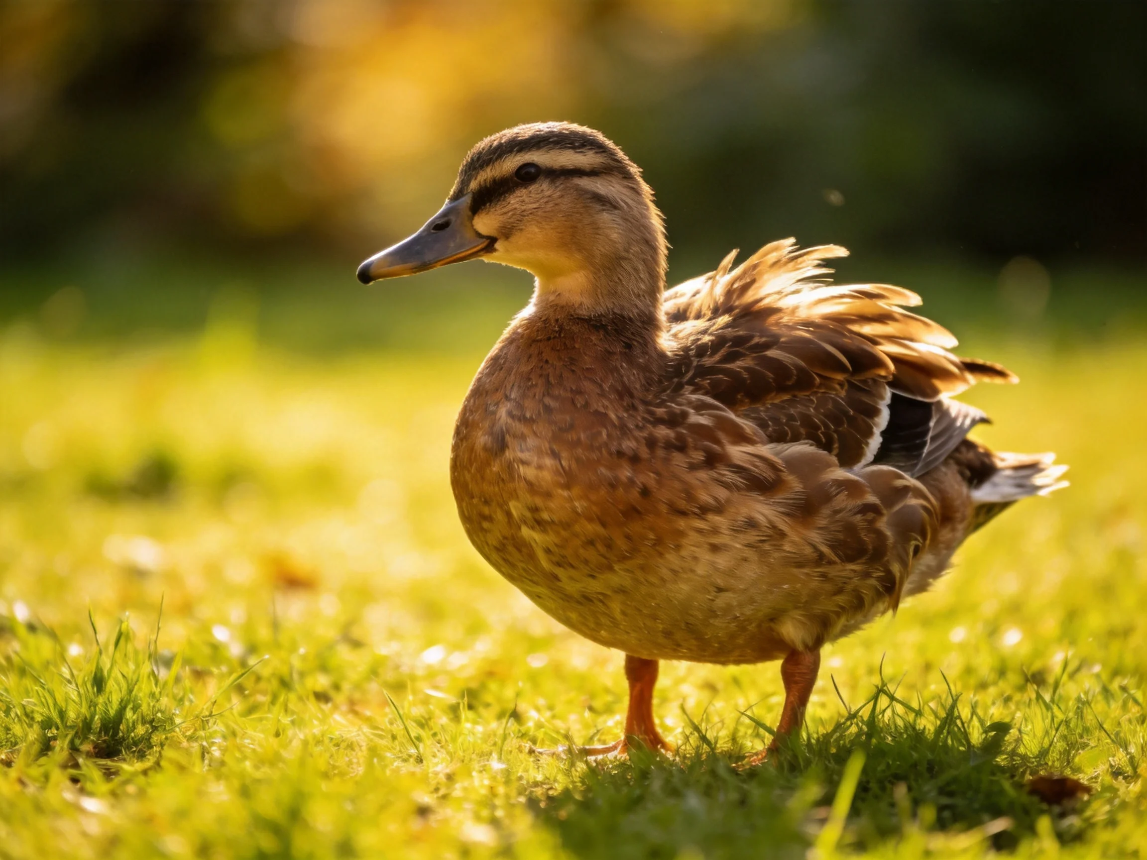 A brown-feathered duck with orange legs stands on sunlit green grass