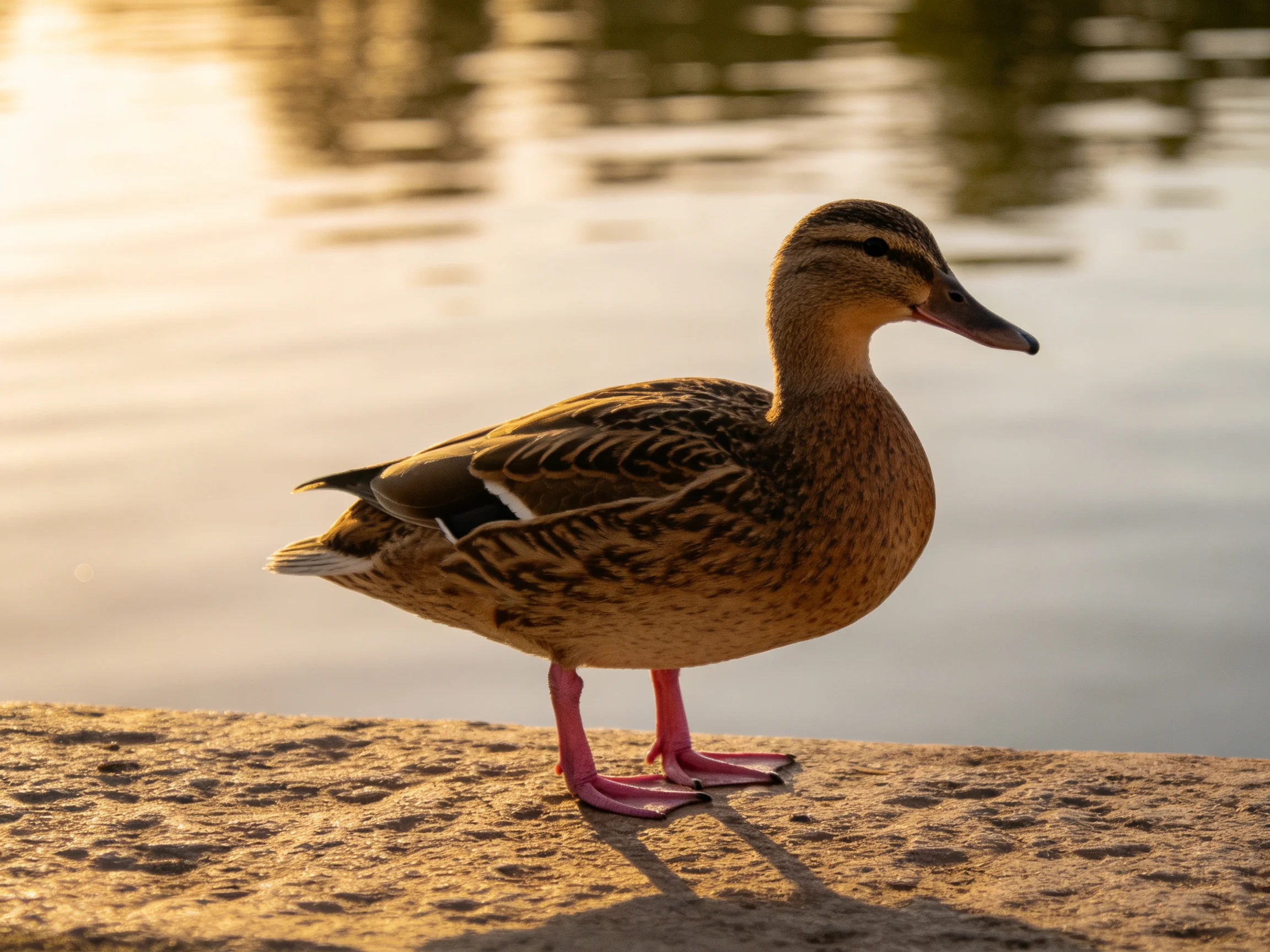 A brown-feathered duck with pink legs stands on a stone ledge by calm water