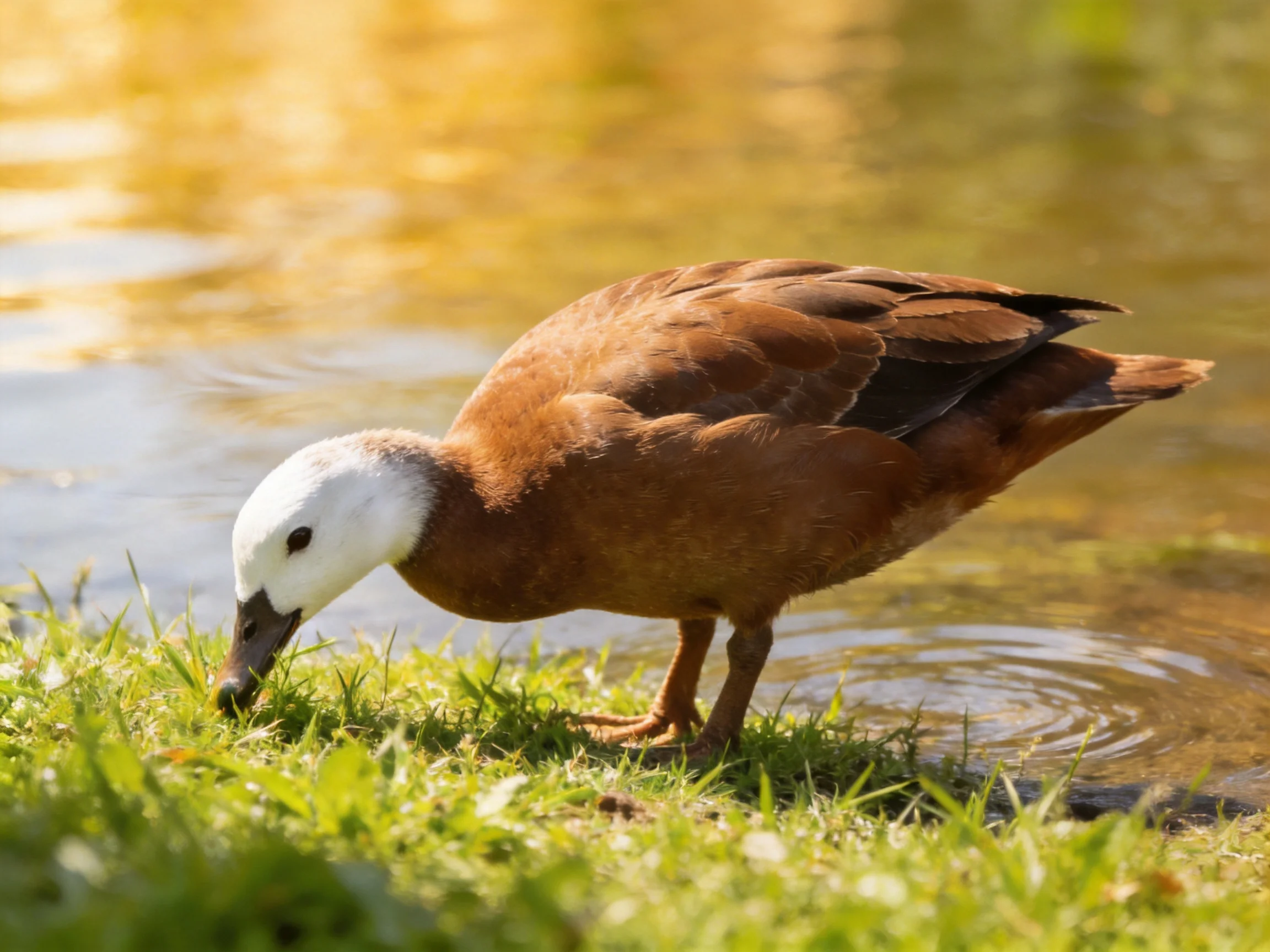 A brown-feathered duck with white head foraging by calm water