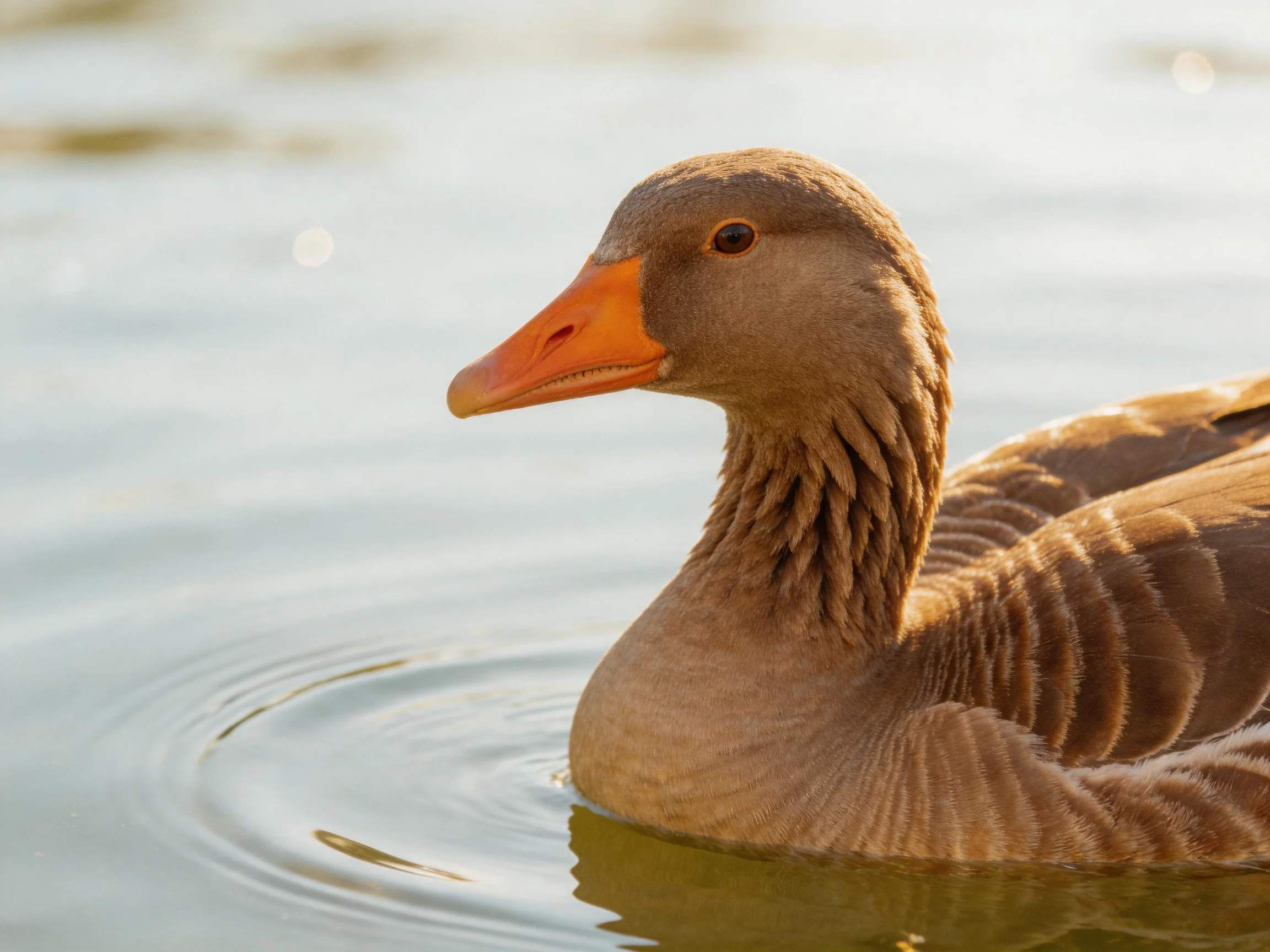 A brown-feathered goose with an orange beak swims in calm water