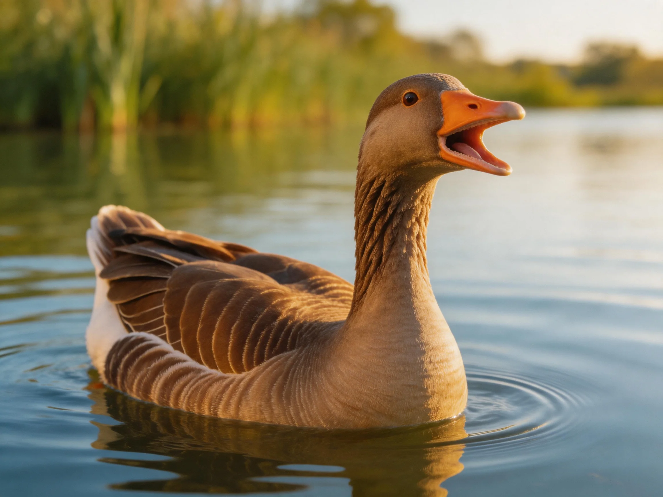 A brown-feathered goose with an orange beak swims in calm water near tall green reeds