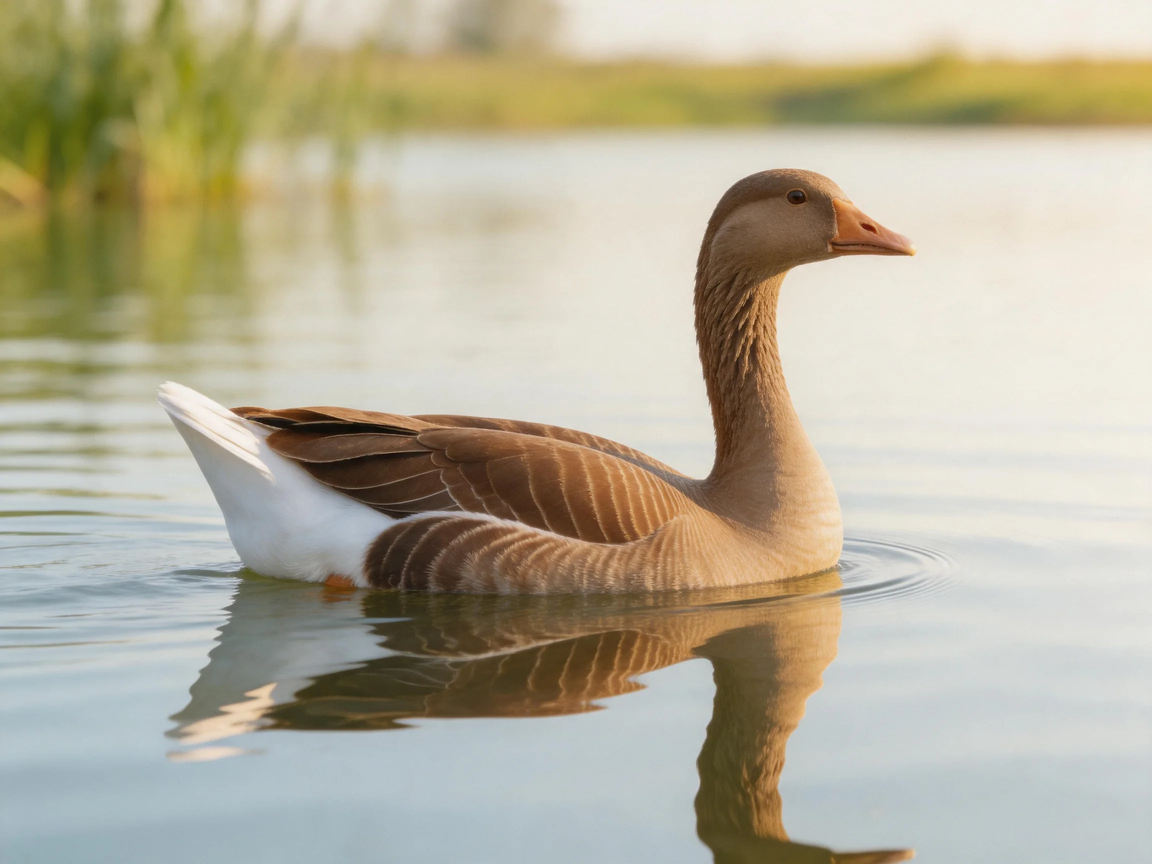 A brown-feathered goose with white-tailed plumage swims in calm water