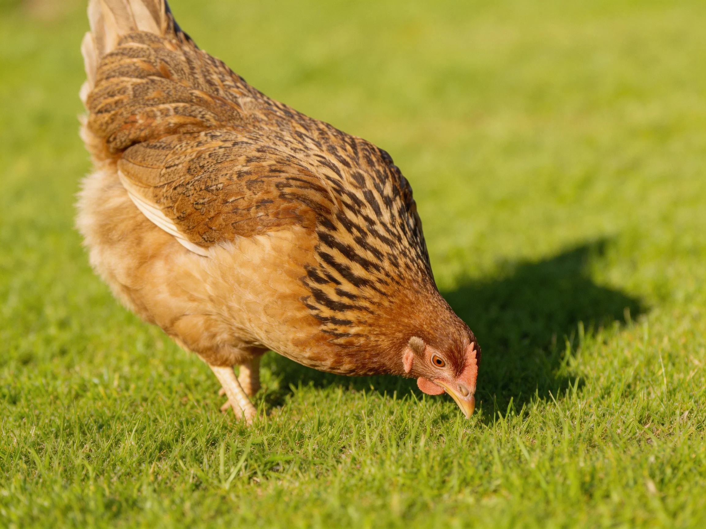 A brown-feathered hen forages in lush green grass