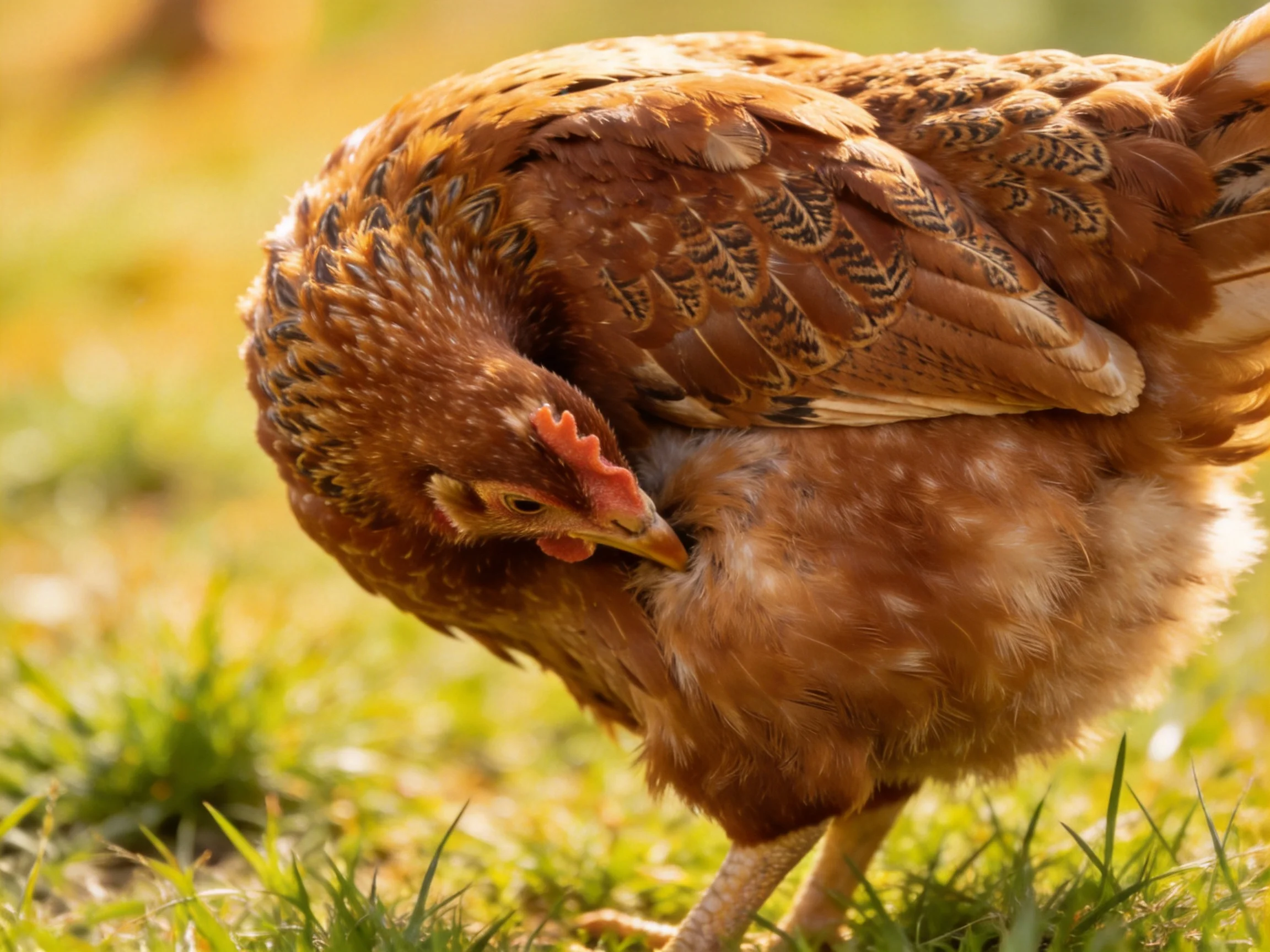 A brown-feathered hen preening in sunlit grass