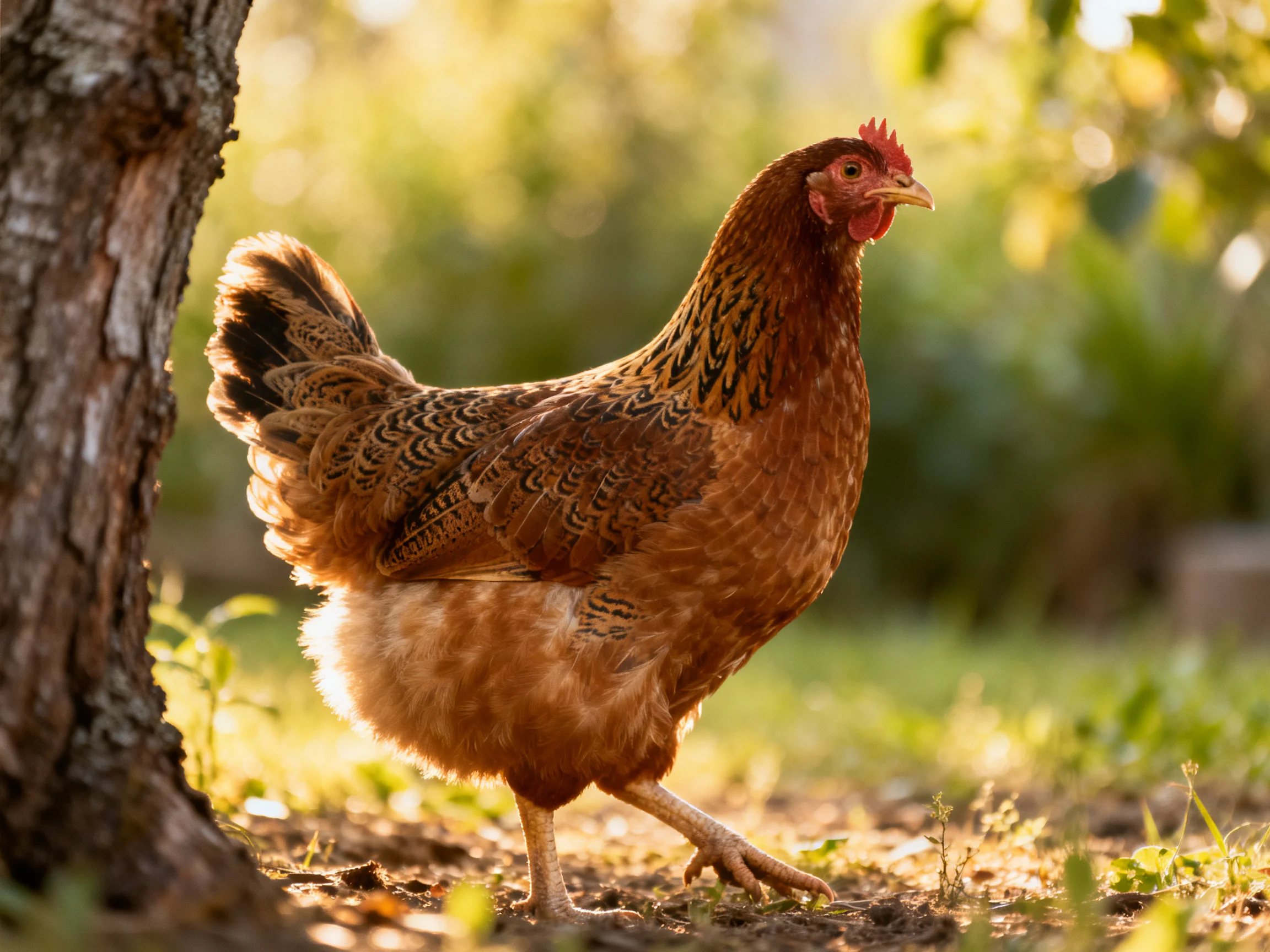 A brown-feathered hen walking beside a tree trunk in a sunlit yard