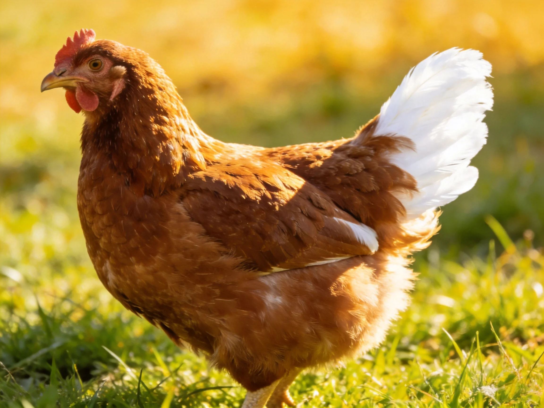 A brown-feathered hen with a white tail stands on green grass