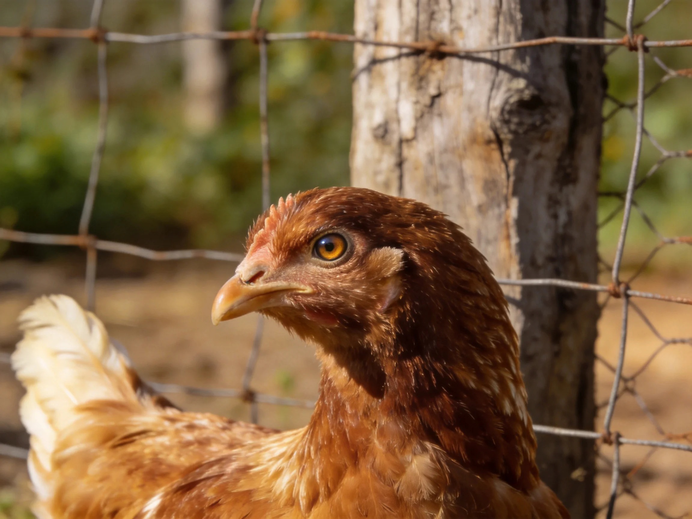 A brown-feathered hen with amber eyes near a weathered wire fence