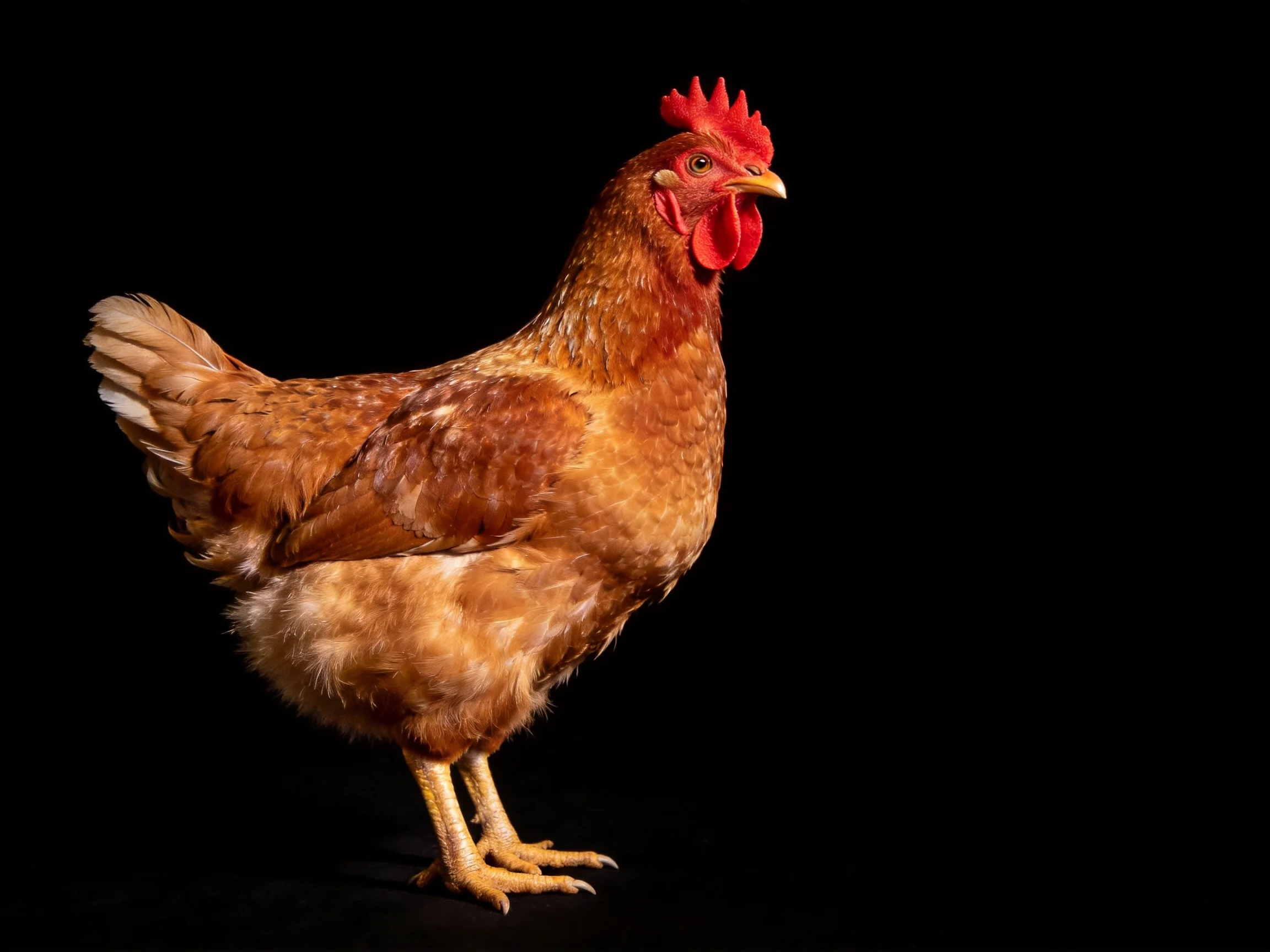 A brown-feathered hen with red comb stands against a solid black backdrop