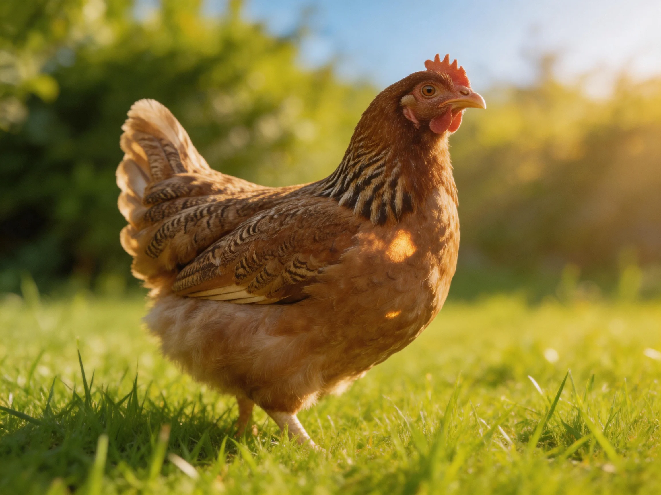 A brown-feathered hen with striped neck roams on lush green grass under sunny light