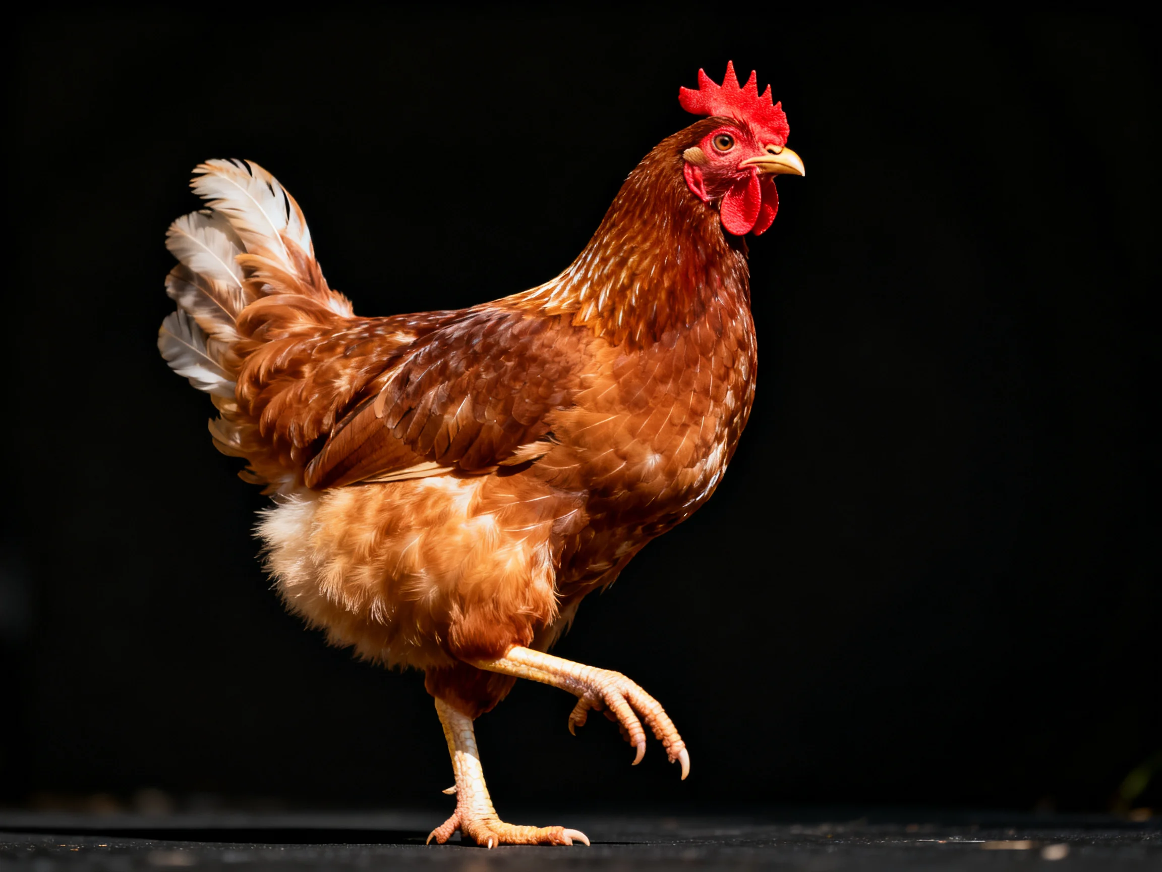 A brown-feathered hen with vibrant red comb walking on a dark surface