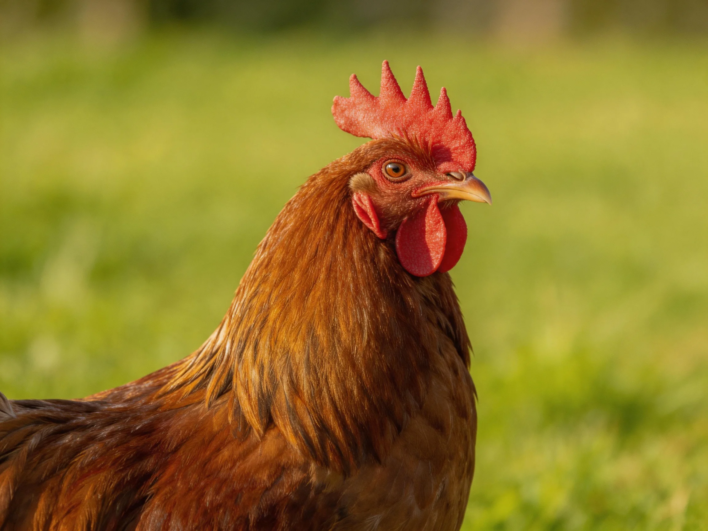 A brown rooster with a bright red comb stands in a sunlit green field.