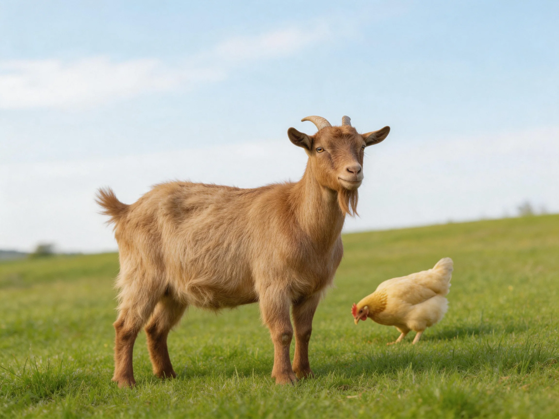 A brown goat stands next to a yellow chicken on a green pasture