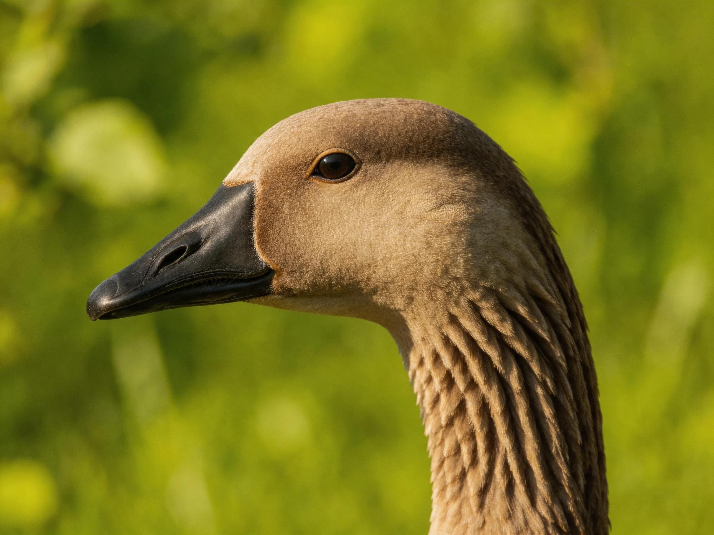 A brown goose with a black beak in a green natural setting