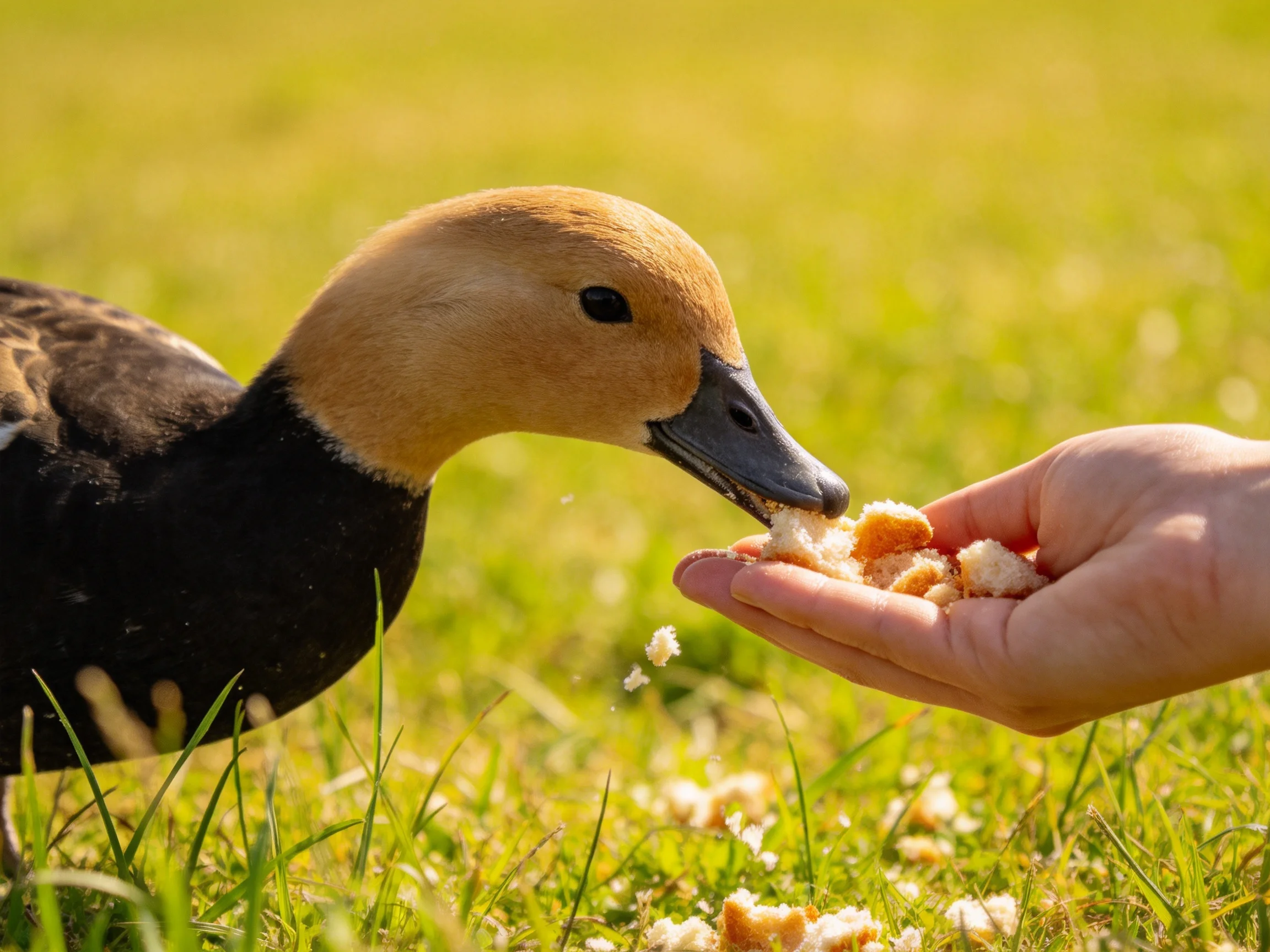 A brown-headed duck eating bread from a human hand on green grass